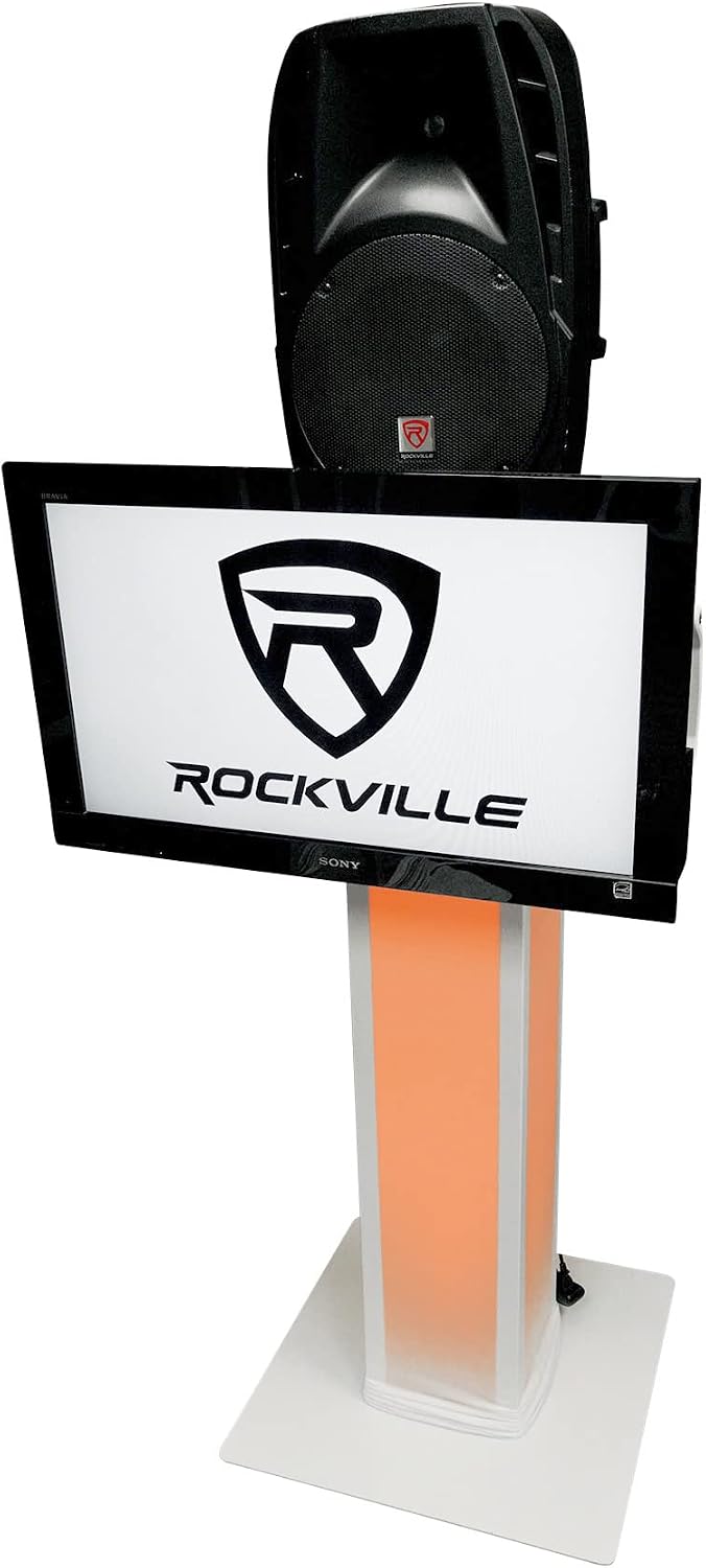 Rockville RTP33-TV Pro White Totem Stand 220 lbs DJ Speaker/Lighting/TV Mount, Detachable TV Mount, Adjustable 39-69 inch Height, Black/White Scrims, for DJs and Event Planners