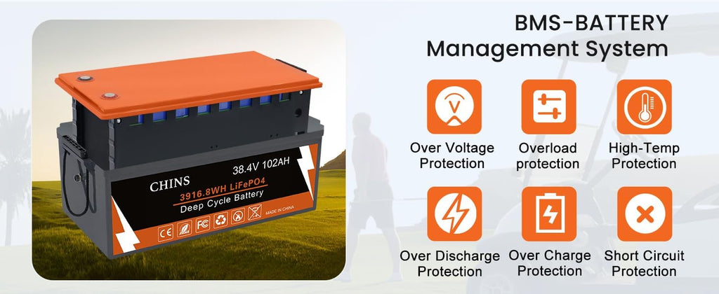 CHINS 36V 102Ah Golf Cart Battery, Built-in Smart 200A BMS, 4000+ Cycles Rechargeable, 36V Lithium Battery Perfect for Golf Cart