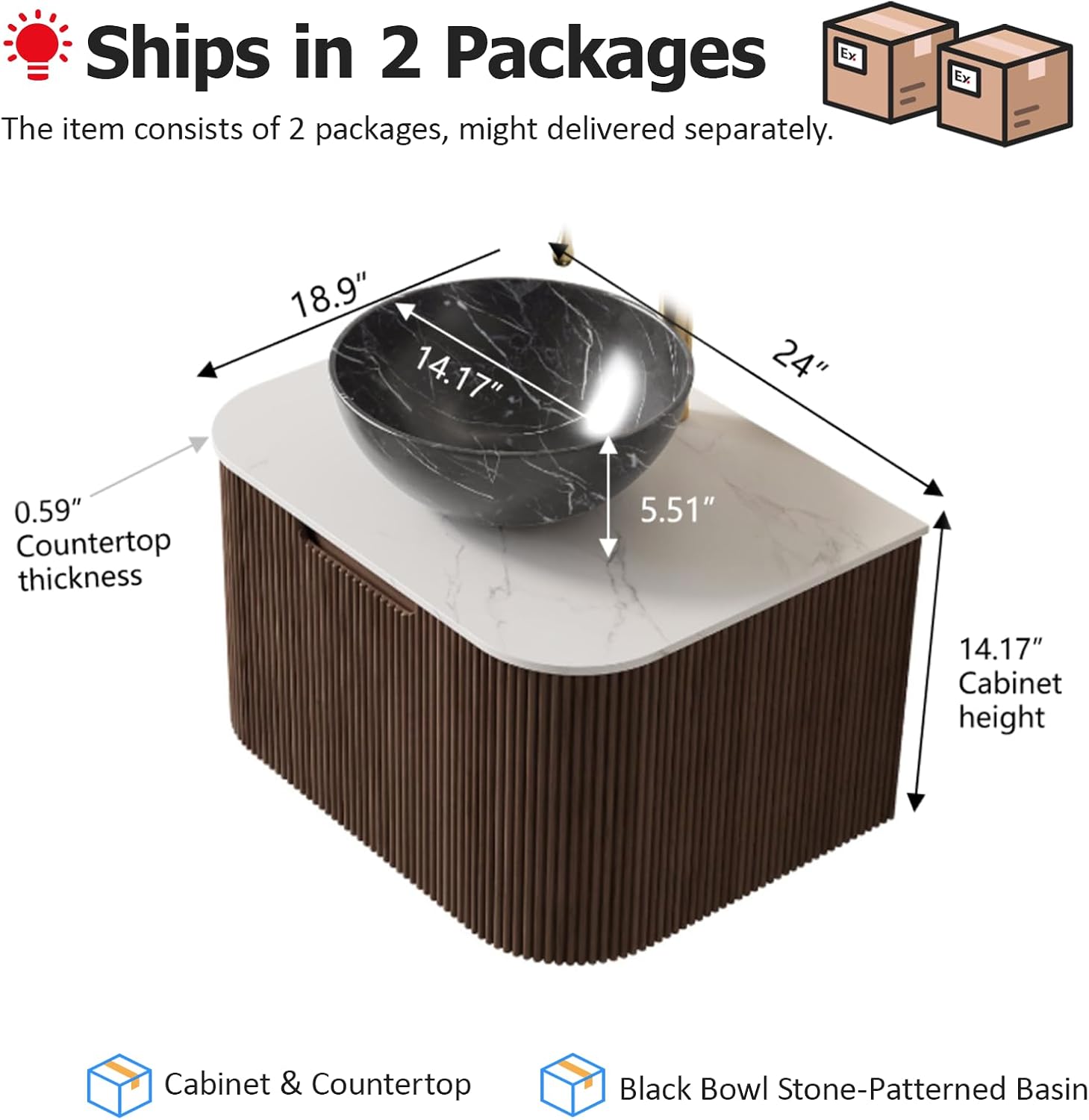 24' Floating Bathroom Vanity with Sink, Modern Bathroom Storage Cabinet with Ceramic Bowl Shape Basin and Marble Top, Large Storage Drawer, Soft-Close Design, Pre-Assembled, Dark Walnut