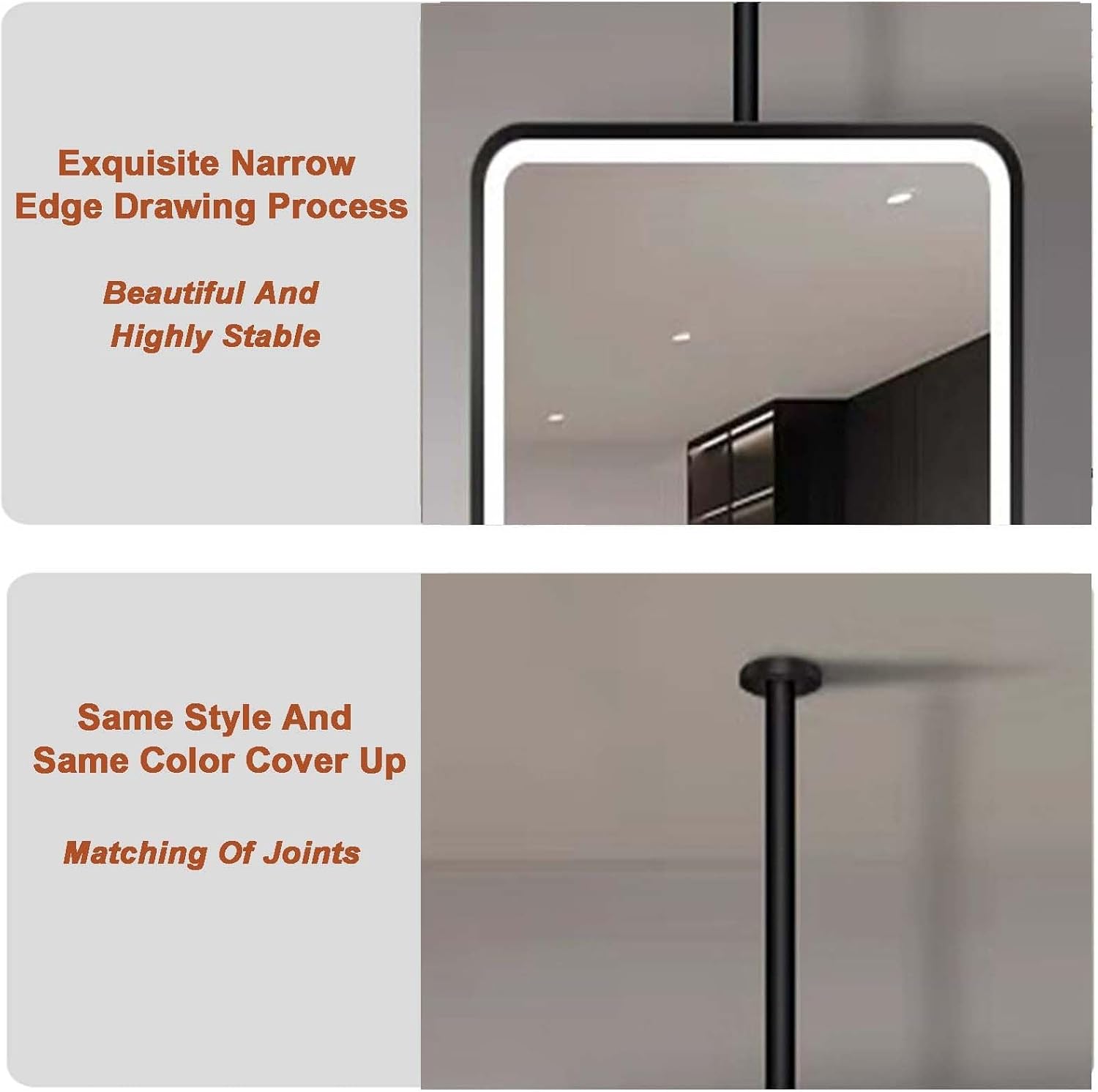 Ceiling Hanging Rod Mirror,Illuminated Bathroom Vanity Mirror,Wrought Iron Frame Rectangular Decorative Mirror,Easy to Install,Black-50x80cm,Black-50x80cm