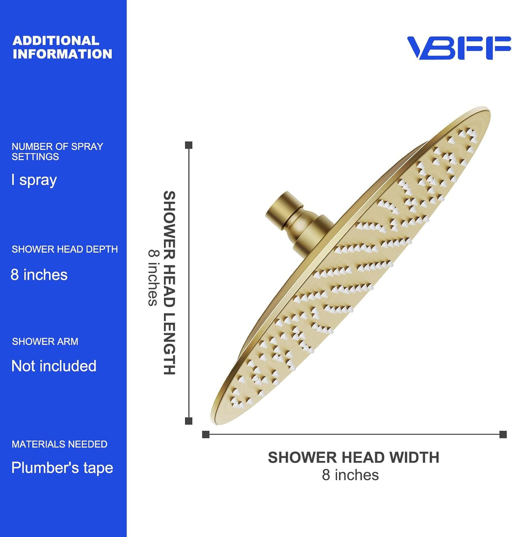 VBFF-Shower Head,rain shower head, 8 inch- Round Shower Head, 1.8 GPM Flow Rate, rainfall showerhead,VBFF11 (Brushed Gold)