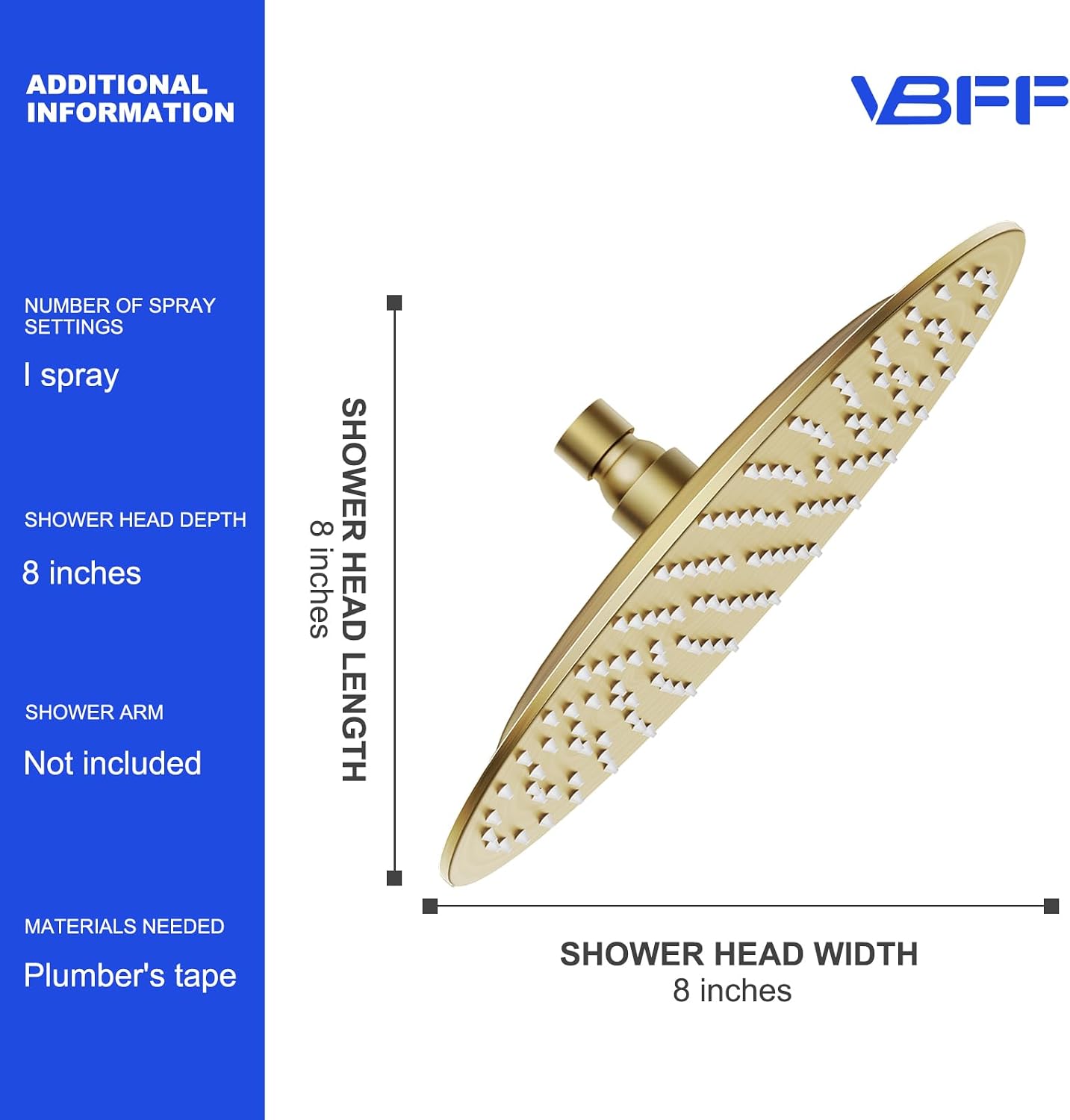 VBFF-Shower Head,rain shower head, 8 inch- Round Shower Head, 1.8 GPM Flow Rate, rainfall showerhead,VBFF11 (Brushed Gold)