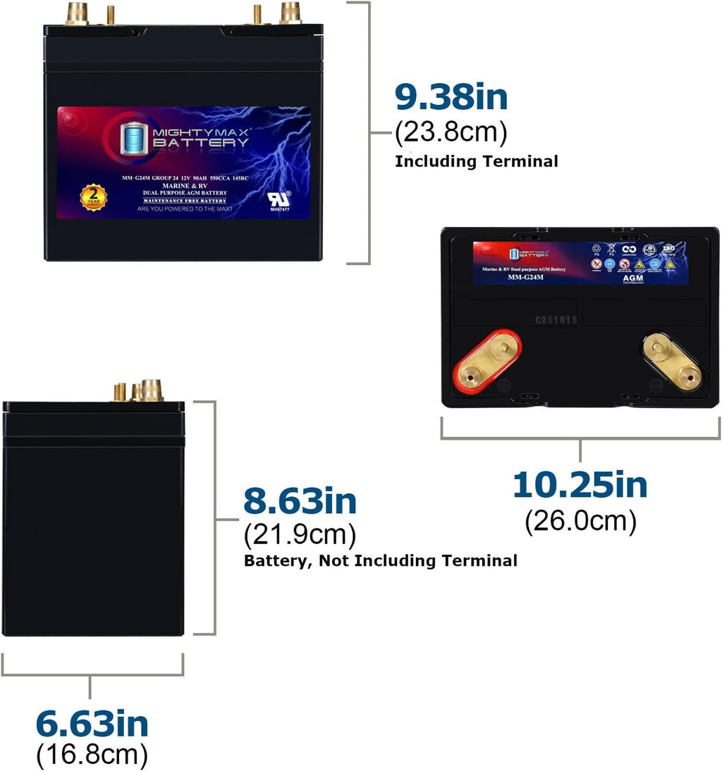 Mighty Max Battery MM-G24M, 12V 90Ah, Group Size 24M Deep-Cycle Marine AGM, Dual-Purpose Starting & Deep Discharge, 550 CCA, 700 MCA, 145 RC, Spill-Proof Maintenance-Free Battery