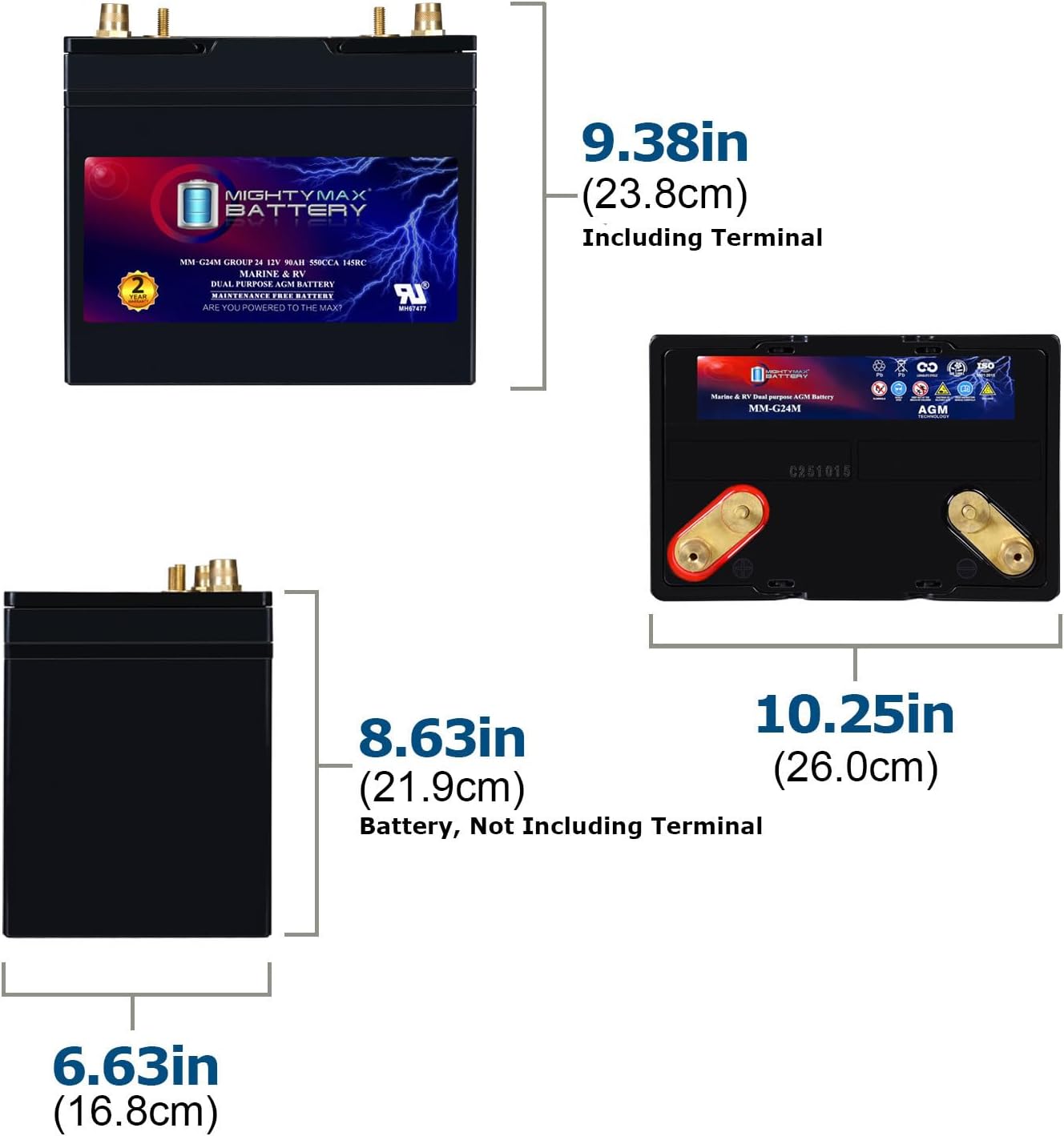 Mighty Max Battery MM-G24M, 12V 90Ah, Group Size 24M Deep-Cycle Marine AGM, Dual-Purpose Starting & Deep Discharge, 550 CCA, 700 MCA, 145 RC, Spill-Proof Maintenance-Free Battery