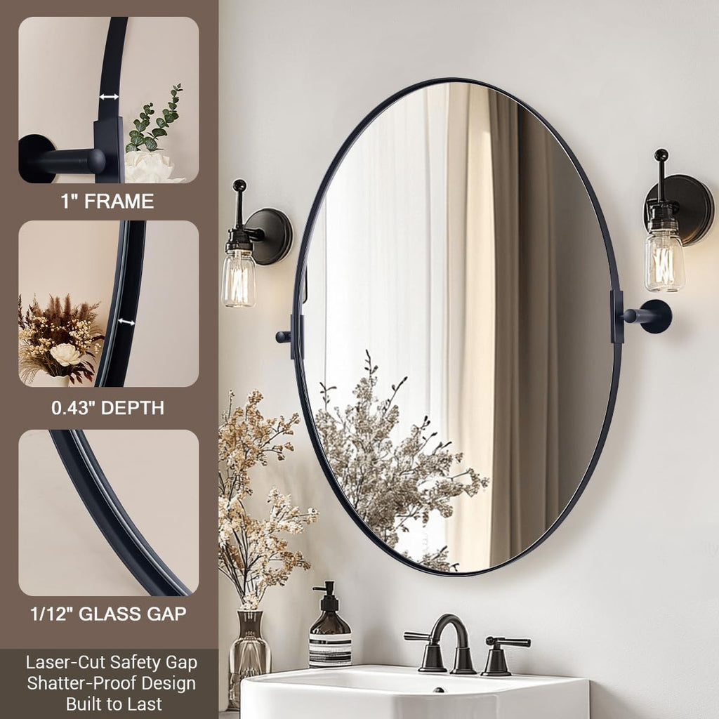 MOON MIRROR Black Pivot Mirror, Wall Mirror for Bathroom 24x36'', Oval Black Vanity Mirror, Oval Pivot Bathroom Mirror, Tilting Bathroom Pivoting Mirror for Wall Mounted (Overall 27.75' x 36')
