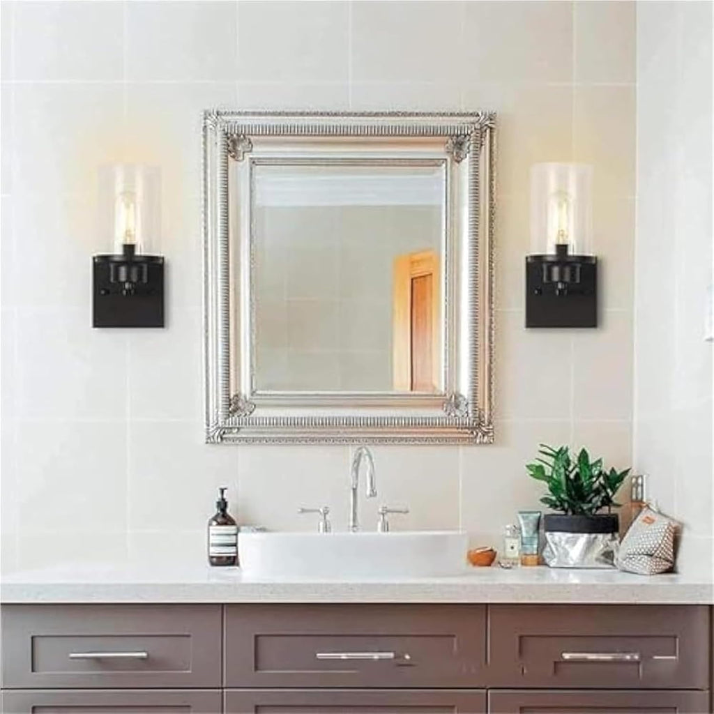 Retro Industrial Style Wall Lamp with Glass Lampshade, Indoor Mirror Light Fixture Featuring Wrought Iron Frame, Vintage Decorative Wall Lighting for Bedroom, Bathroom, or Hallway