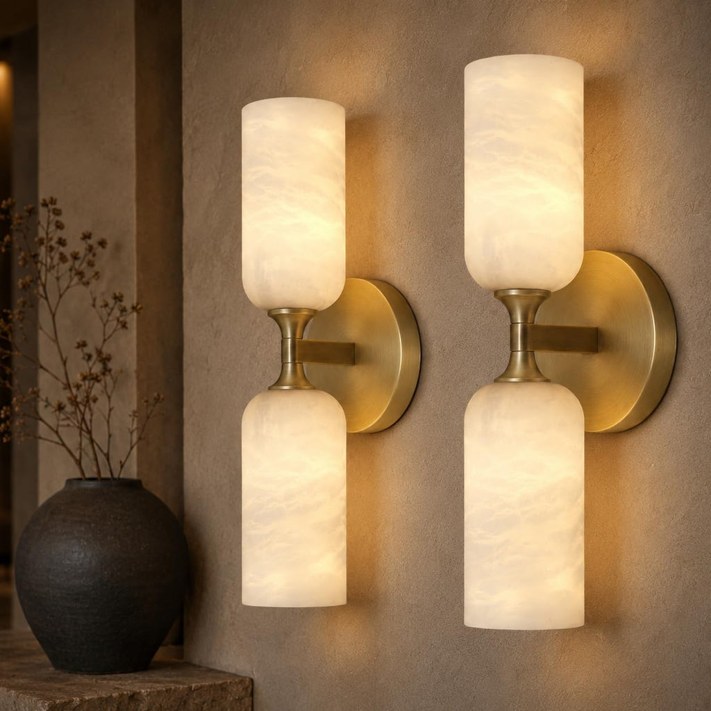 Gold Alabaster Wall Sconces Set of 2, 14in Spanish Natural Marble Sconce, Modern Stone Wall Light, Dimmable Alabaster Vanity Light Hardwired Brass Wall Lamp for Bathroom Mirror, Bedroom, Hallway