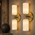 Gold Alabaster Wall Sconces Set of 2, 14in Spanish Natural Marble Sconce, Modern Stone Wall Light, Dimmable Alabaster Vanity Light Hardwired Brass Wall Lamp for Bathroom Mirror, Bedroom, Hallway