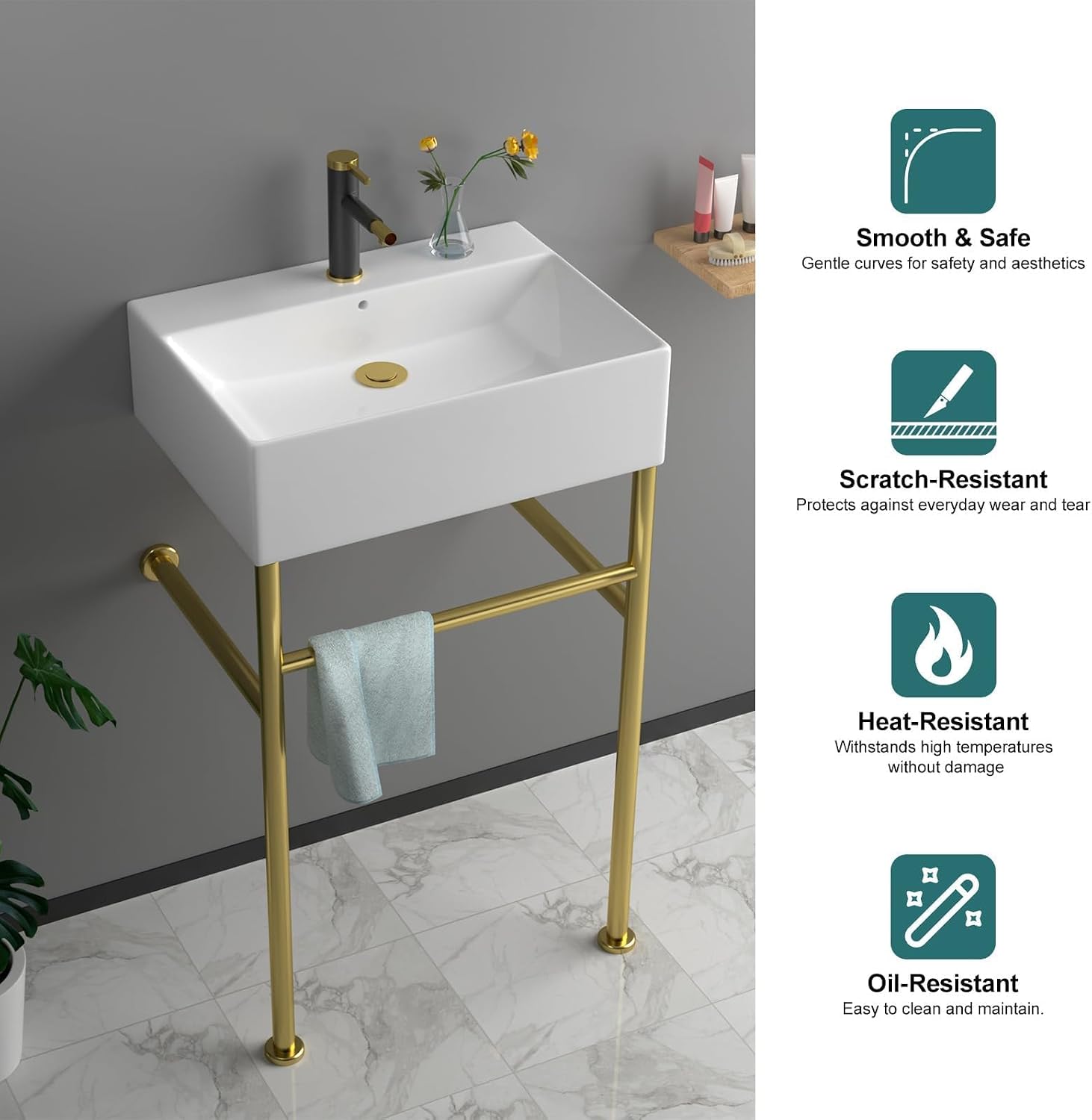 24''x16'' Modern Console Bathroom Sink with Gold Stainless Steel Pedestal Legs, Freestanding & Wall Mount Vessel Vanity Basin, Rectangular Ceramic Sink for Small Space, Brushed Gold