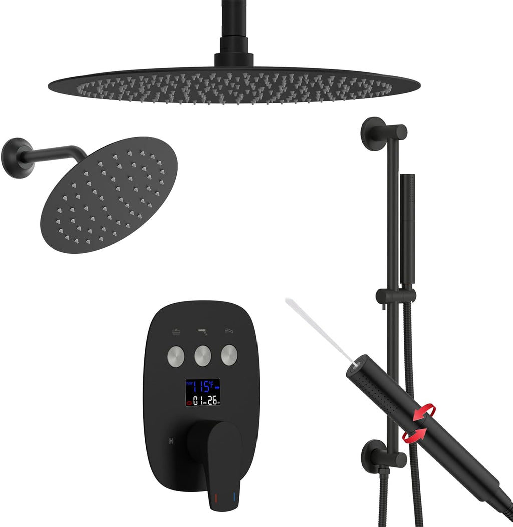 Shower Faucet Set Matte Black Shower System Temperature Display Diverter Shower Valve and 2 in 1 Handheld with Slide Bar, 12 Inch Ceiling Shower Head with 8 Inch Wall Mount Shower Head