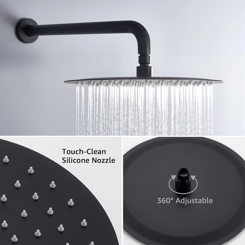 Iriber Mattle Black Round Rain Shower System with 4 PCS Body Jets 3 Function Shower Faucet Set Contain 12 Inch Shower Head and Handheld Wall Mounted Pressure Balance Shower Trim Kit (Valve Included)