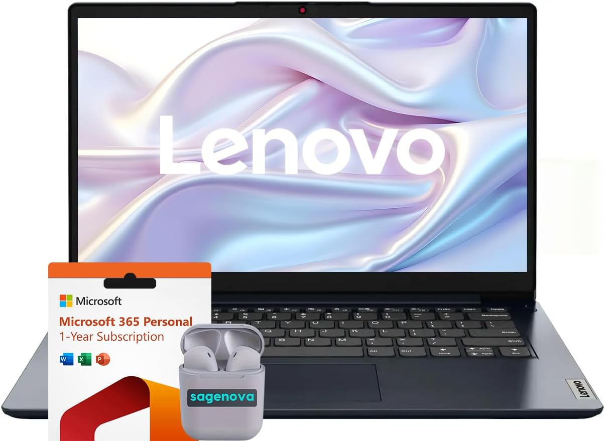 Lenovo IdeaPad 14' Laptop Computer, 4GB RAM 128GB eMMC, Intel Celeron N4020, 1-Year Microsoft Office 365, Windows 11 S, SageNova Earphones, Abyss Blue