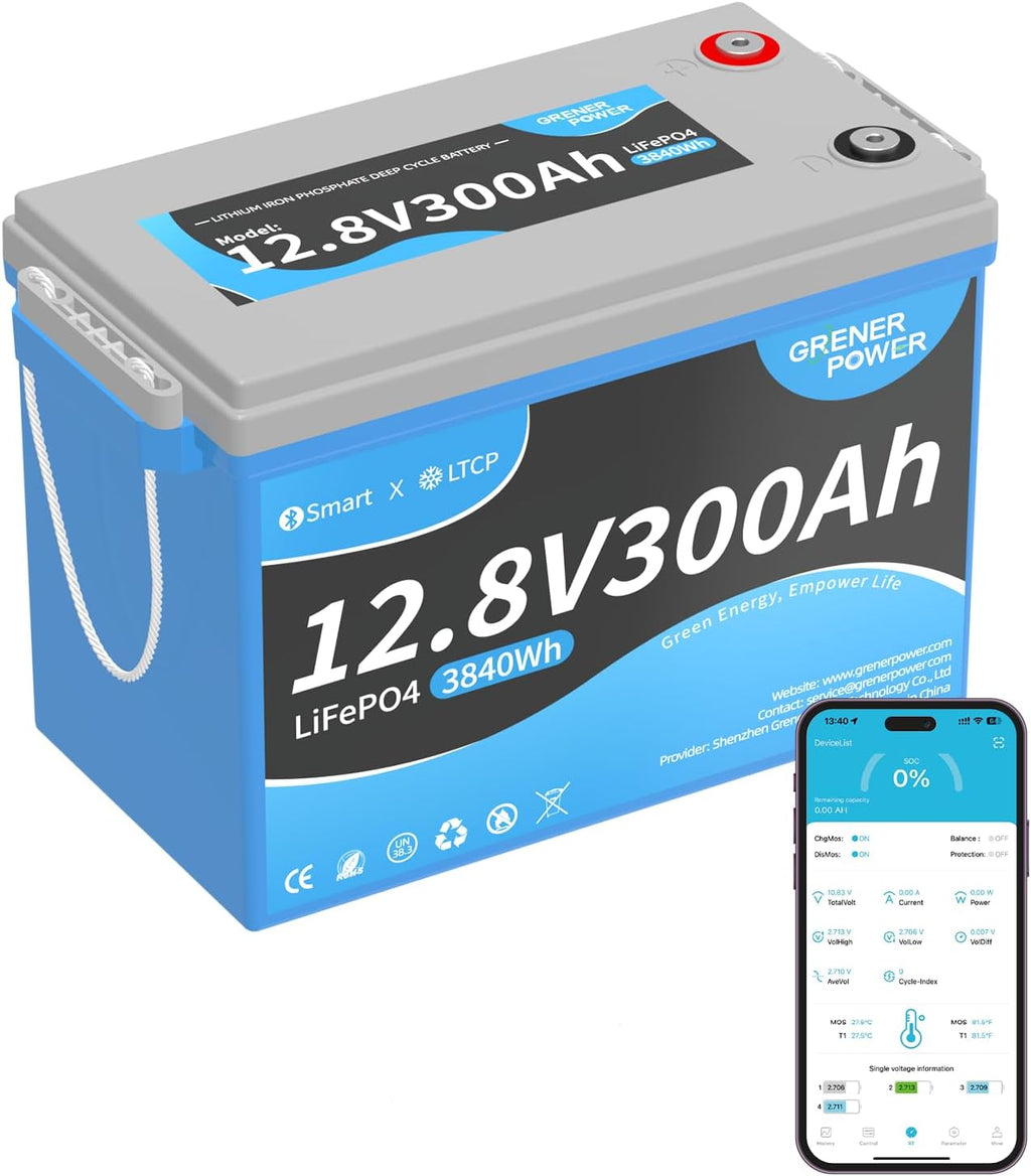 12V 300Ah LiFePO4 Battery with Bluetooth 5.0, 200A BMS, 2560W Output Power, Low-temperature Protection, 12V Lithium Battery with Up to 4P4S, for RVs, Trolling Motor, Off-Grid, Marine, Boat