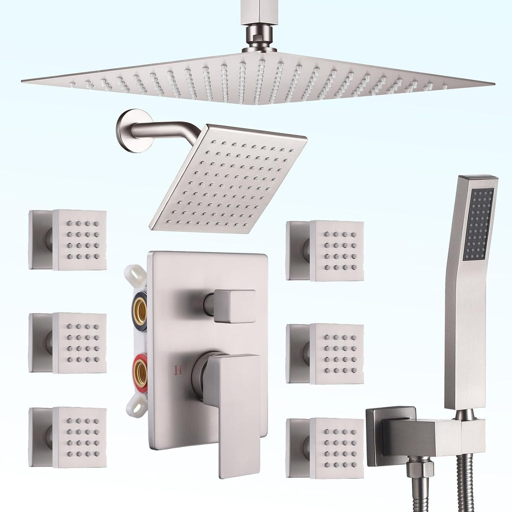 Shower System Brushed Nickel Dual Shower Head with Body Jets, Oupukle Four Modes Shower Faucet Set Ceiling Mount 12' Rain Shower Head & 6' Wall Mounted Head with 6PCS Body Jets