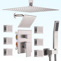 Shower System Brushed Nickel Dual Shower Head with Body Jets, Oupukle Four Modes Shower Faucet Set Ceiling Mount 12' Rain Shower Head & 6' Wall Mounted Head with 6PCS Body Jets