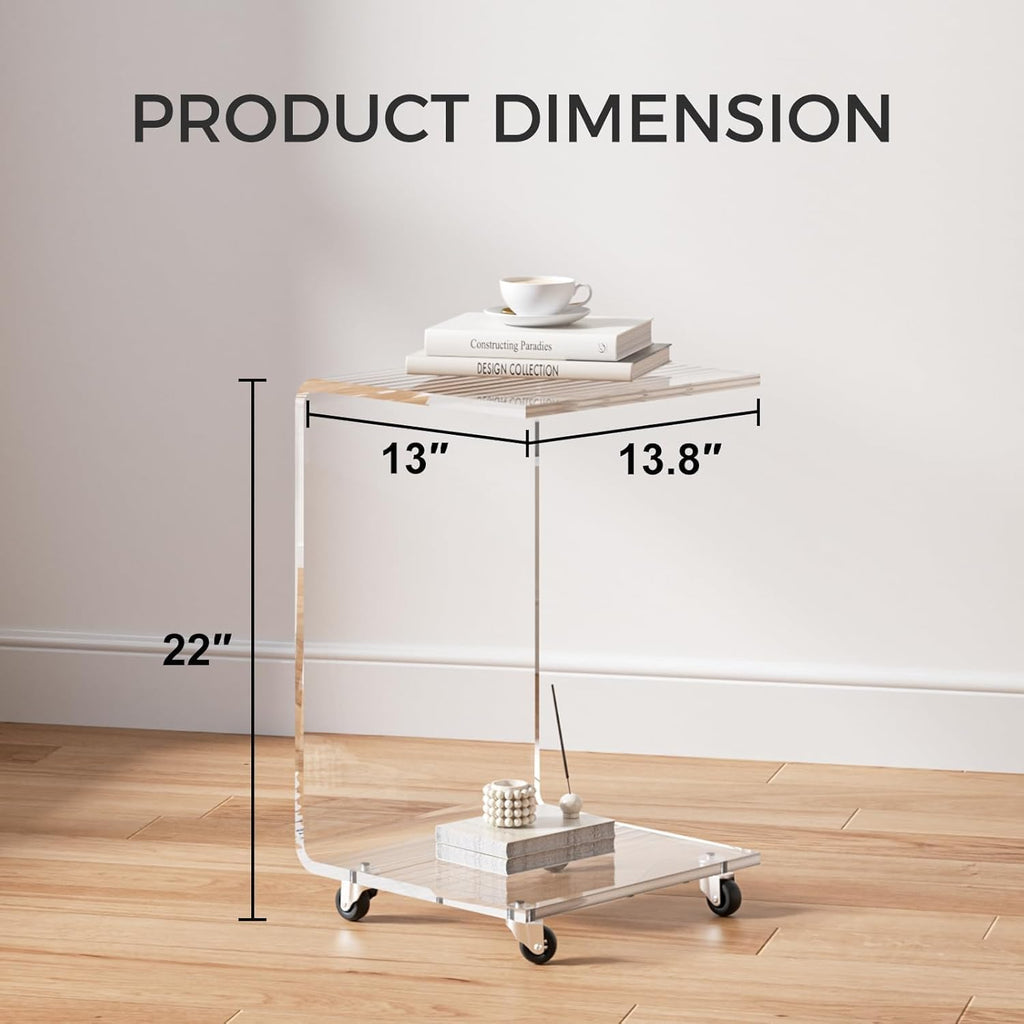 Acrylic C Table with Wheels, 2-Tier Mobile Side Table for Small Spaces, Sofa/Couch End Table, Clear Drink Table, Modern Laptop Stand for Living Room Bedroom, 13.8' L x 13' W x 22' H