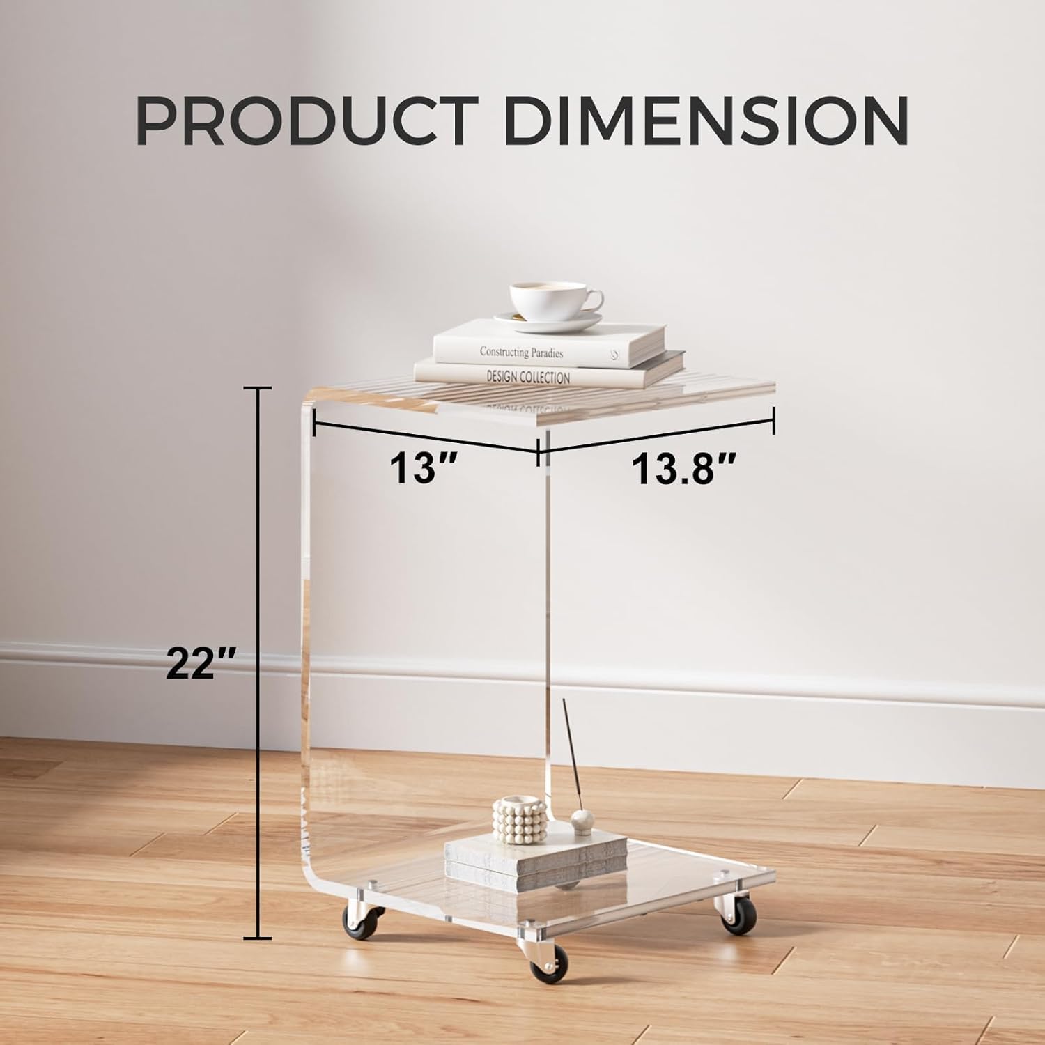 Acrylic C Table with Wheels, 2-Tier Mobile Side Table for Small Spaces, Sofa/Couch End Table, Clear Drink Table, Modern Laptop Stand for Living Room Bedroom, 13.8' L x 13' W x 22' H