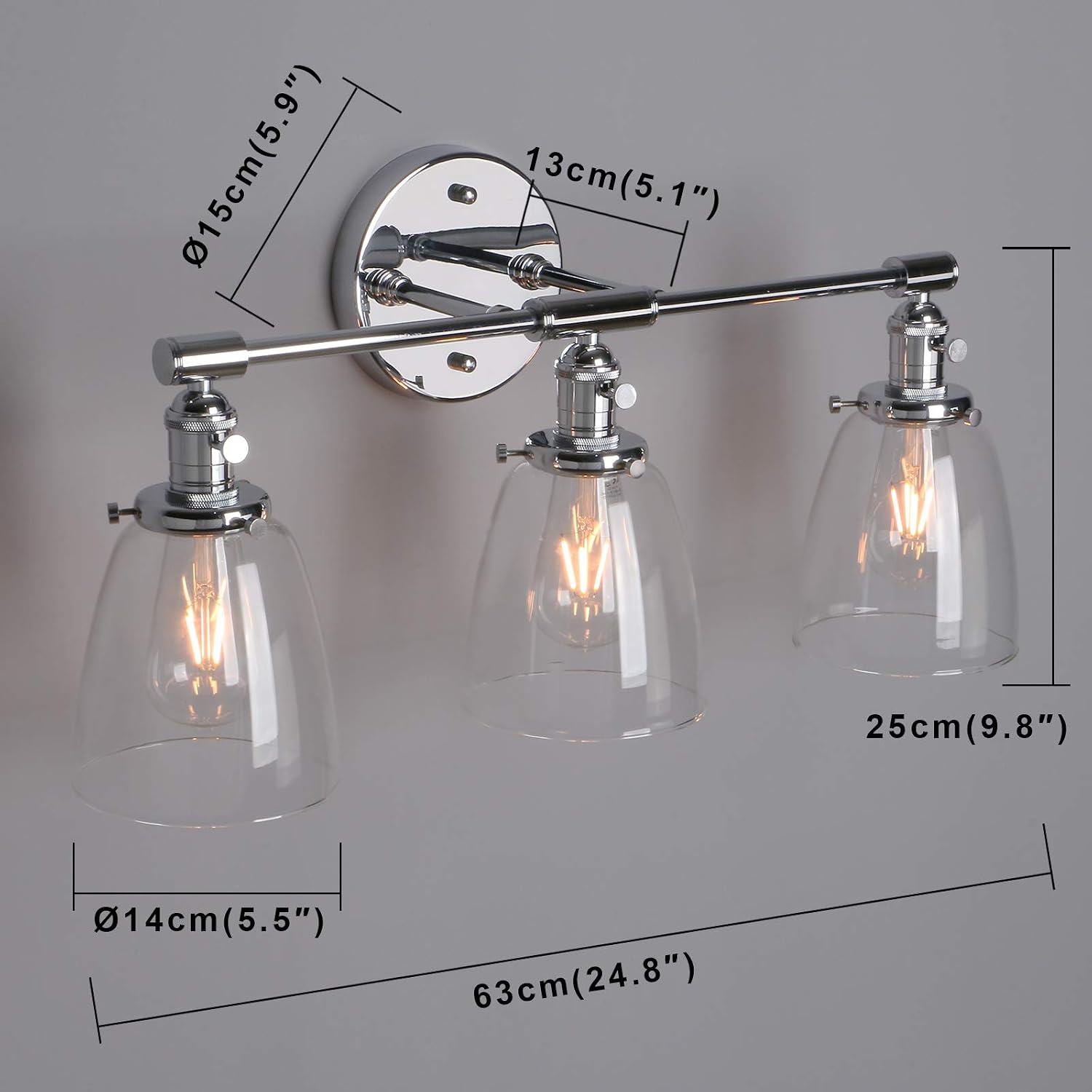 Phansthy 3-Light Wall Sconces Antique Brass Vanity Light, Industrial Wall Lamps with On Off Switch and Clear Glass Lampshade, Vintage Wall Lighting for Bathroom Living Room (Chrome, Bell Shade)