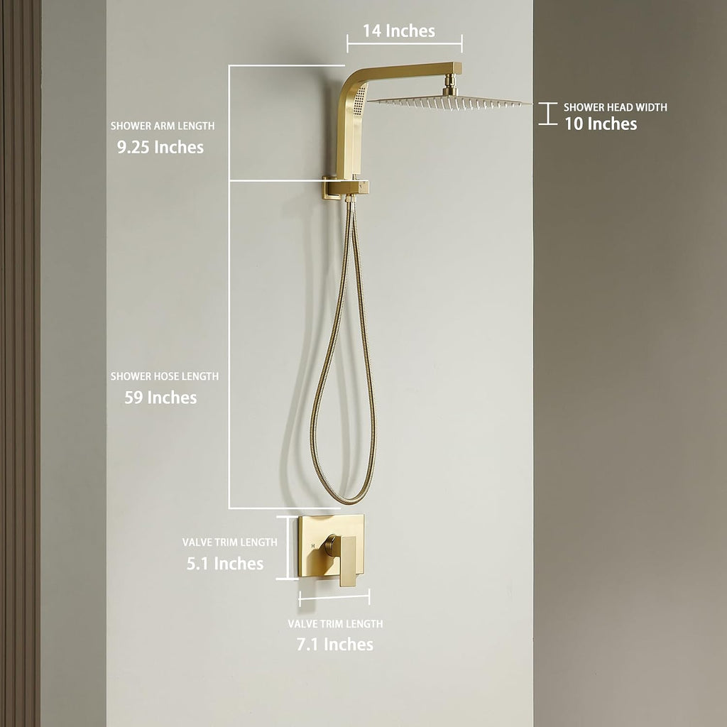 Brushed Gold Shower System with 10Inch Rain Shower Heads with Handheld Spray Combo, Gold Shower Faucet Set with Rain Shower and Handheld, Gold Shower Head and Handle Set(Shower Valve Kit Included)