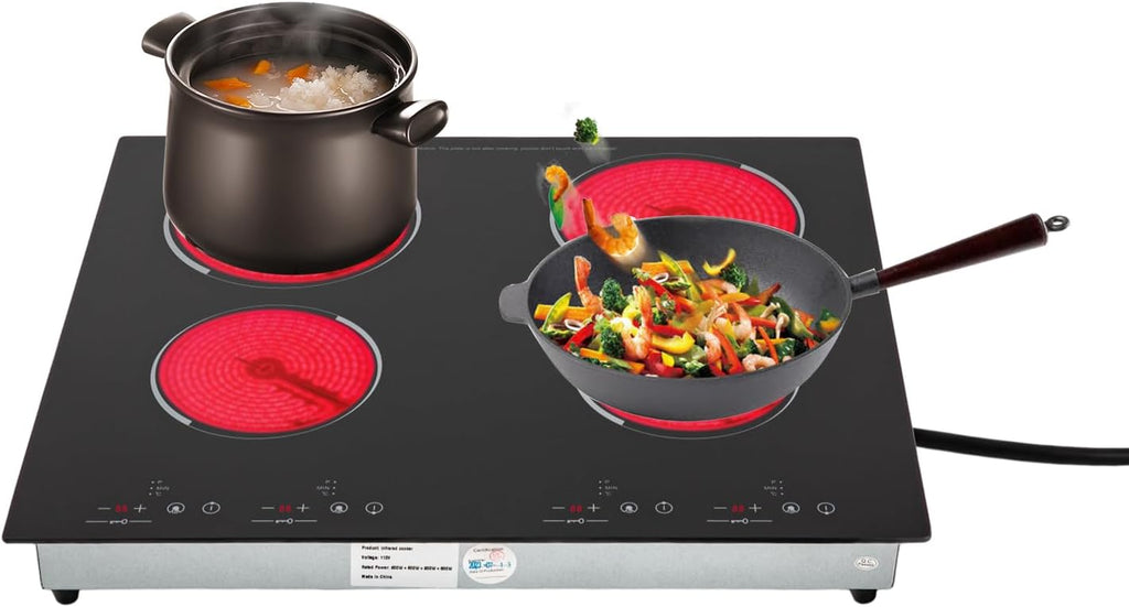 4-Burner Induction Cooktop, 3000w Ceramic Cooktop - 9 Heating Levels, 176-1202°f Temp Control, Desktop/Built-In (22.24x19.49in Cutout), Black Crystal Panel for Kitchen/Snack Bar (110v)