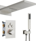 Thermostatic Shower System 22-Inch Rain & Waterfall Large Shower Head, Brushed Nickel Luxury Shower Faucet Set with High Pressure Handheld Sprayer, Wall Mount Shower Fixtures Include Valve