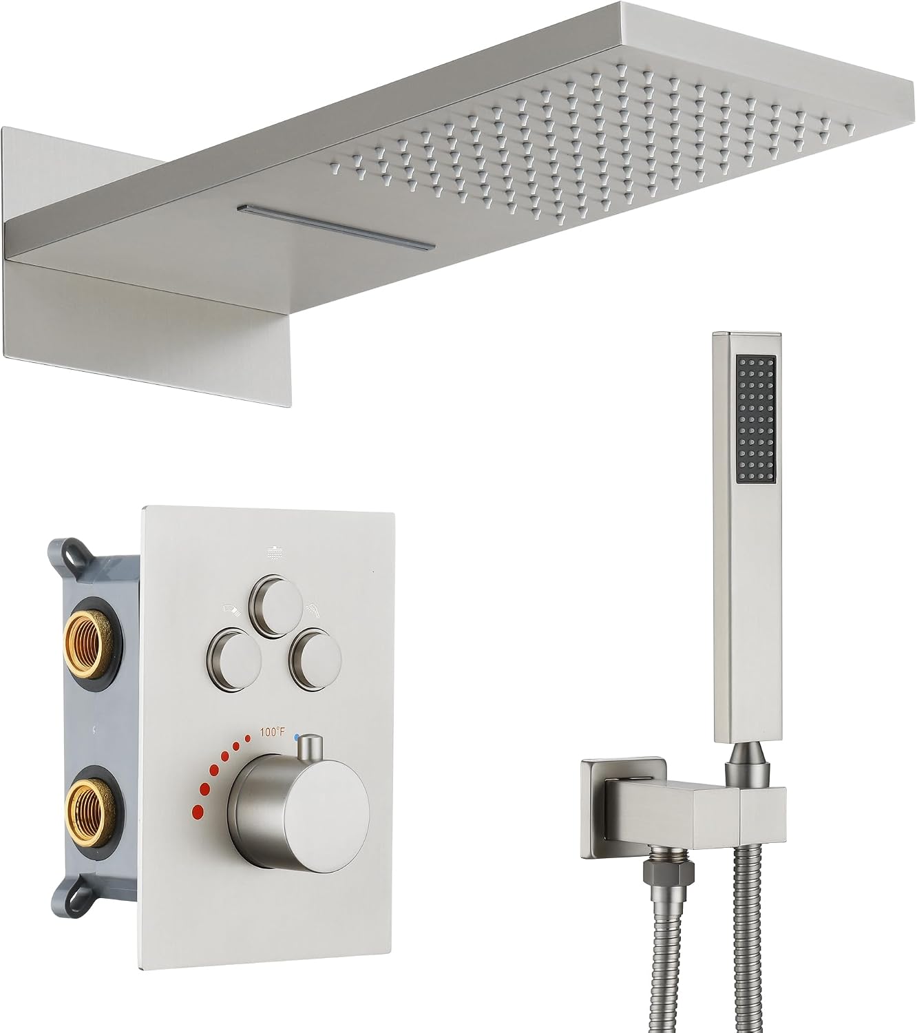 Thermostatic Shower System 22-Inch Rain & Waterfall Large Shower Head, Brushed Nickel Luxury Shower Faucet Set with High Pressure Handheld Sprayer, Wall Mount Shower Fixtures Include Valve