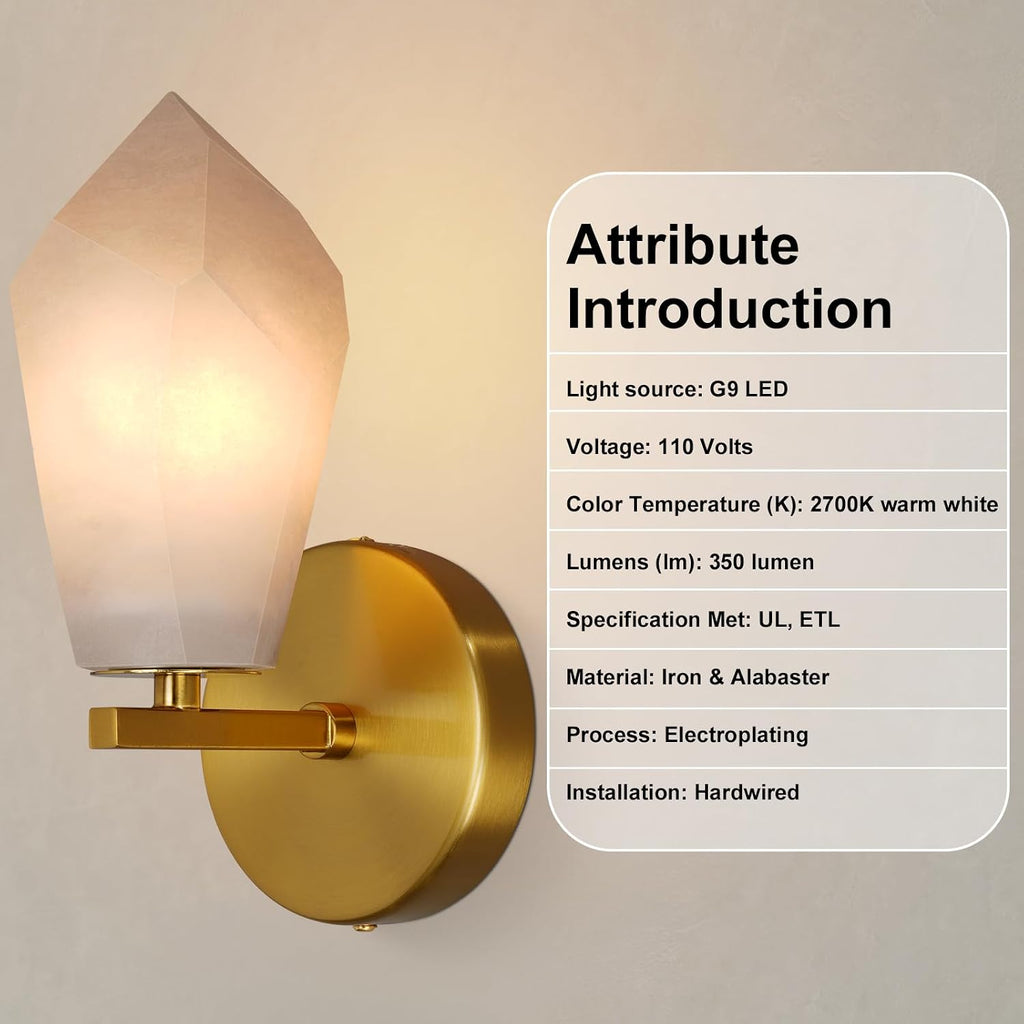 Alabaster Wall Sconces Set of Two, Spanish Marble Wall Lamp, Modern Wall Sconce for Living Room, Hardwired Wall Lighting for Bedroom, Wall Light for Bathroom Hallway Stairs, Gold