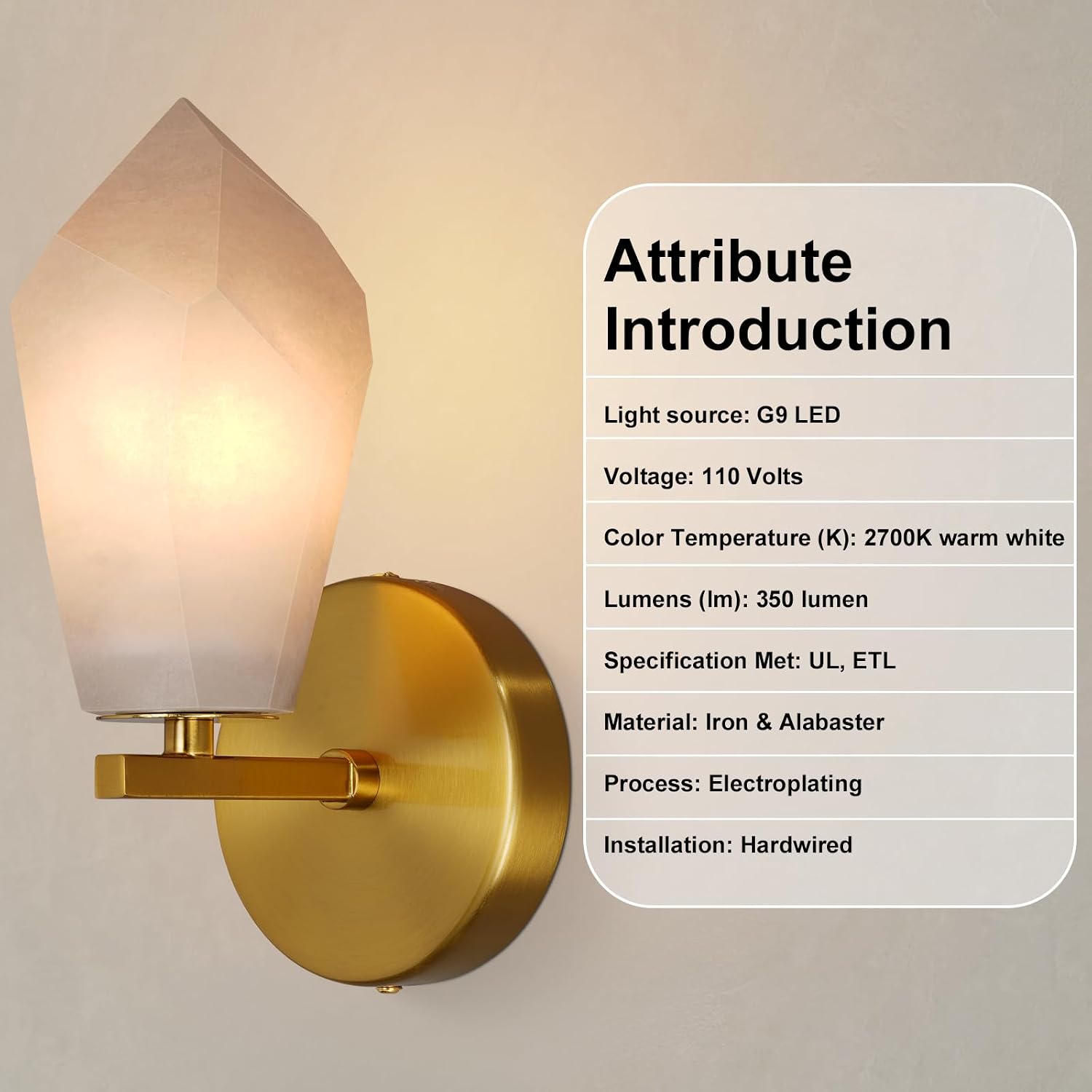 Alabaster Wall Sconces Set of Two, Spanish Marble Wall Lamp, Modern Wall Sconce for Living Room, Hardwired Wall Lighting for Bedroom, Wall Light for Bathroom Hallway Stairs, Gold