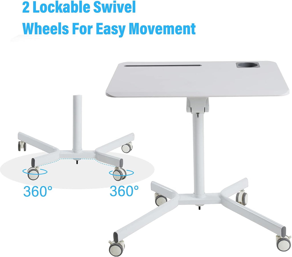 Lipo Mobile Sit Stand Desk - Height Adjustable Standing Laptop Desk Cart Rolling Couch Table on Wheels White Workstation with Gas Spring Riser for Home Office Classroom
