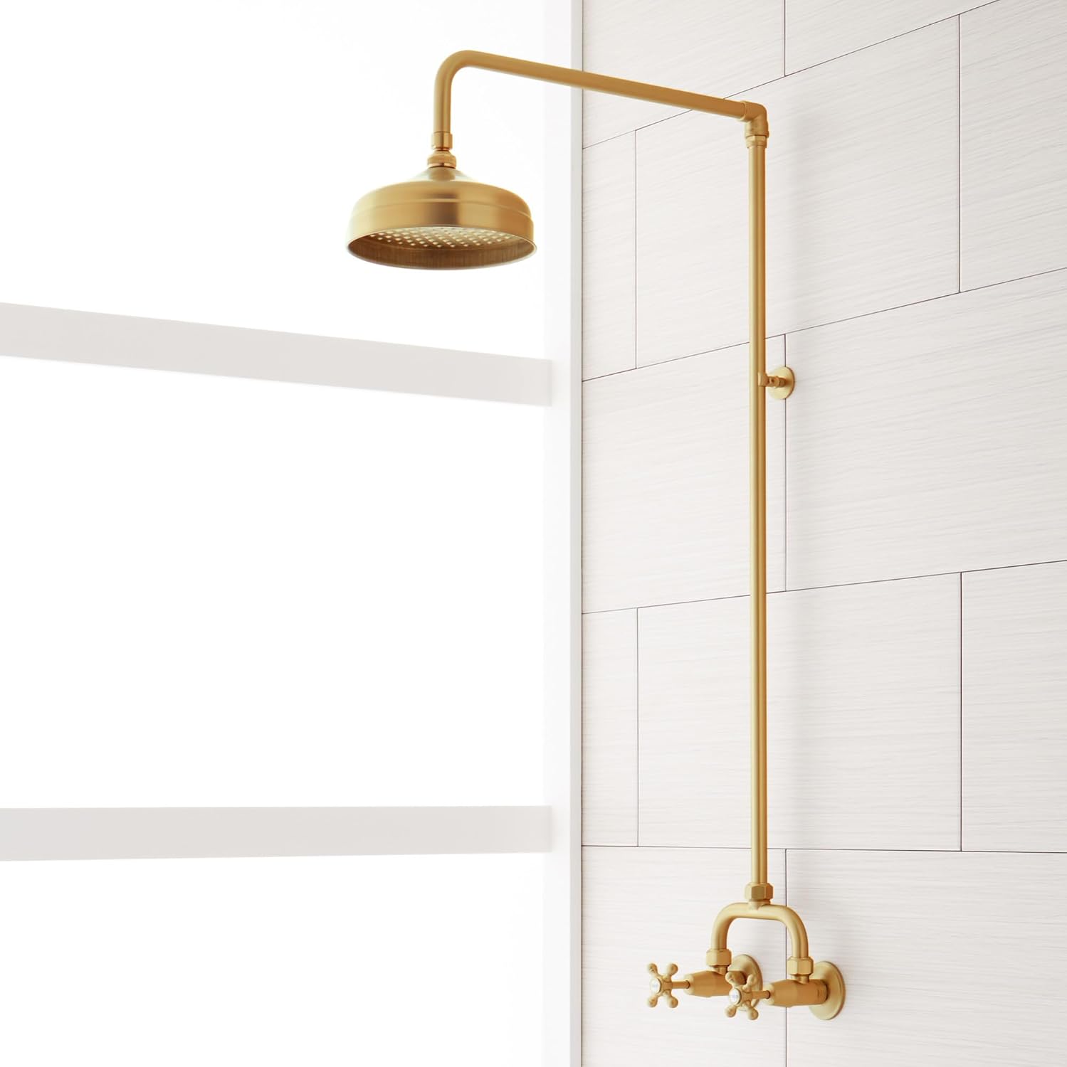Signature Hardware 922235 Baudette Exposed Pipe Shower System with Rainfall Shower Head, Shower Arm, and Cross Handles - Brushed Gold