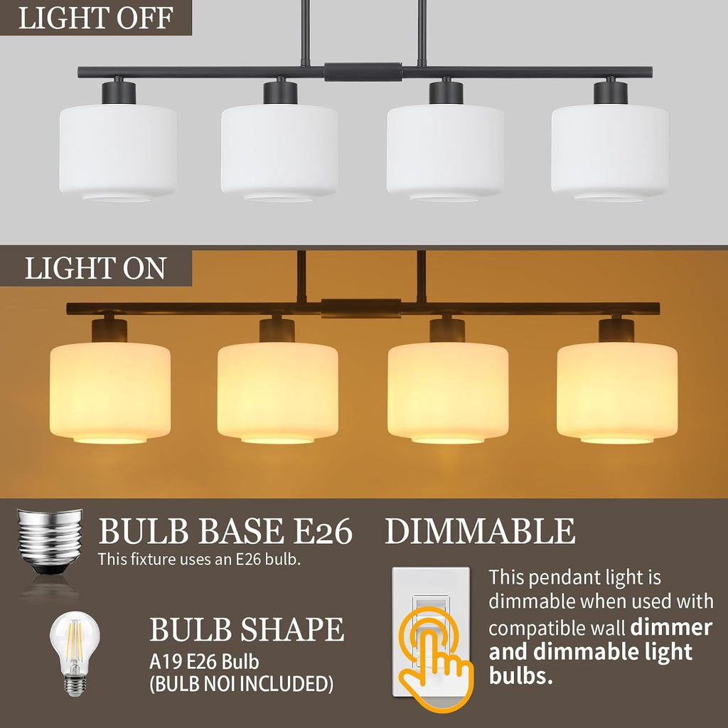 4-Light Kitchen Island Lighting, Modern Black Linear Dining Room Chandelier Light Fixtures with Milk Glass and Chain, Farmhouse Hanging Lights for Kitchen Island Dining Room, OS-YQ8153-4ISBKW
