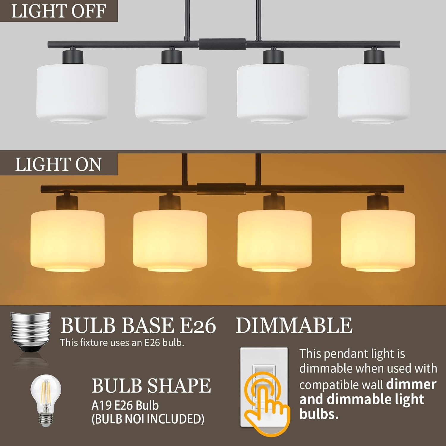4-Light Kitchen Island Lighting, Modern Black Linear Dining Room Chandelier Light Fixtures with Milk Glass and Chain, Farmhouse Hanging Lights for Kitchen Island Dining Room, OS-YQ8153-4ISBKW
