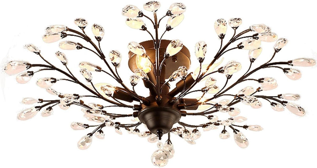ASHES Ceiling Pendant Light, V-intage Crystal Branches Chandelier Wrought Iron Ceiling Light Flush Mounted Fixture with 4 Light for Living Room Bathroom Bar Loft Club (Color : Black)