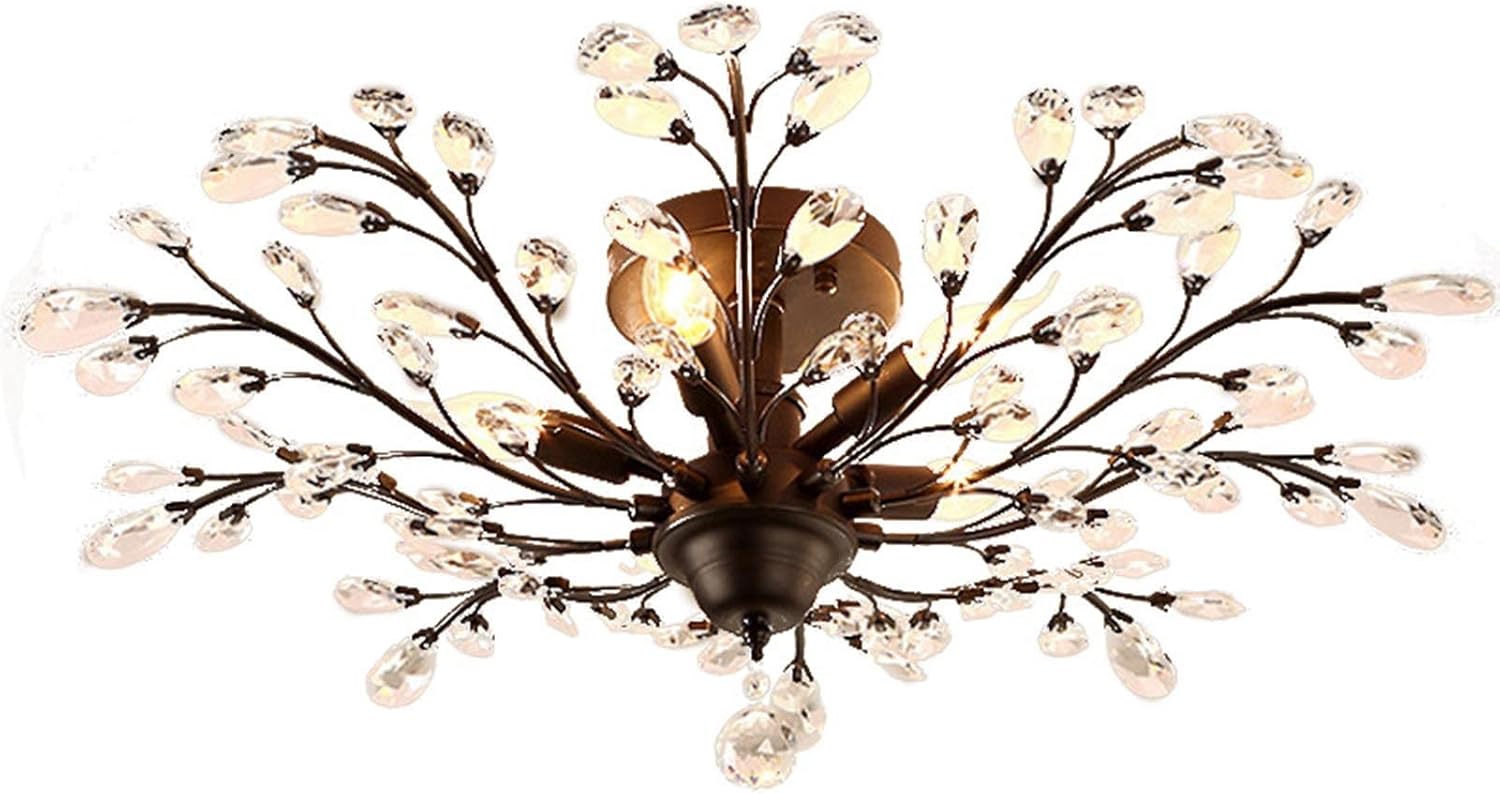 ASHES Ceiling Pendant Light, V-intage Crystal Branches Chandelier Wrought Iron Ceiling Light Flush Mounted Fixture with 4 Light for Living Room Bathroom Bar Loft Club (Color : Black)