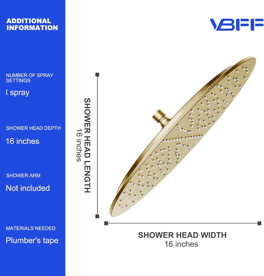 VBFF-Shower Head,rain shower head, 16 inch- Round Shower Head, 1.8 GPM Flow Rate, rainfall showerhead,VBFF14 (Brushed Gold)