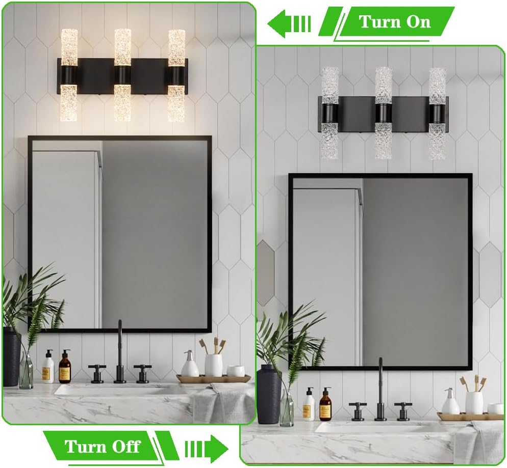 Modern Vanity Light, 6-light Black LED Vanity Light Fixture, Crystal Bathroom Lighting Fixtures over Mirror, Wall Lighting Fixtures for Bath, Wall Sconce for Bedroom Living Room, 27W Warm White