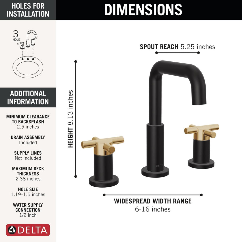 Delta Faucet Nicoli 14 Series Single-Handle Shower Faucet with 5-Setting H2Okinetic Shower Head, Nicoli Widespread Bathroom Sink Faucet 3-Hole, Matte Black/Champagne Bronze (Shower Valve Included)