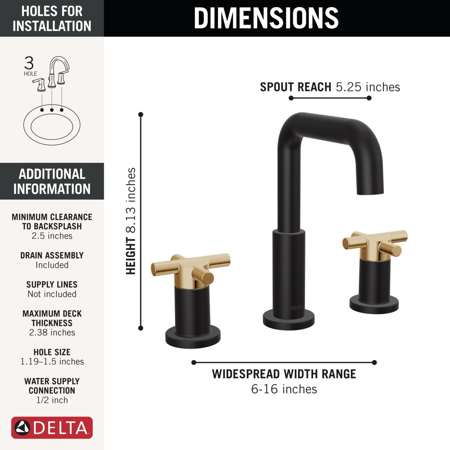Delta Faucet Nicoli 14 Series Single-Handle Shower Faucet with 5-Setting H2Okinetic Shower Head, Nicoli Widespread Bathroom Sink Faucet 3-Hole, Matte Black/Champagne Bronze (Shower Valve Included)