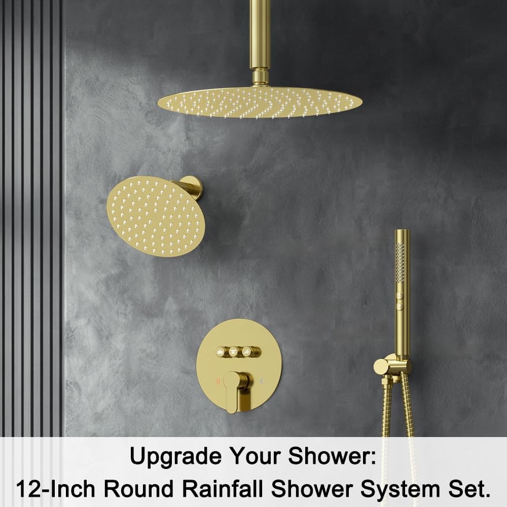 Shower Systems Round Shower Faucet Set, 12+6' Dual Rainfall Shower head with 2 in 1 Handheld Spray, Ceiling Mount Push Button Shower Set with Valve and Trim Kit Brushed Gold,Can Use All at Once