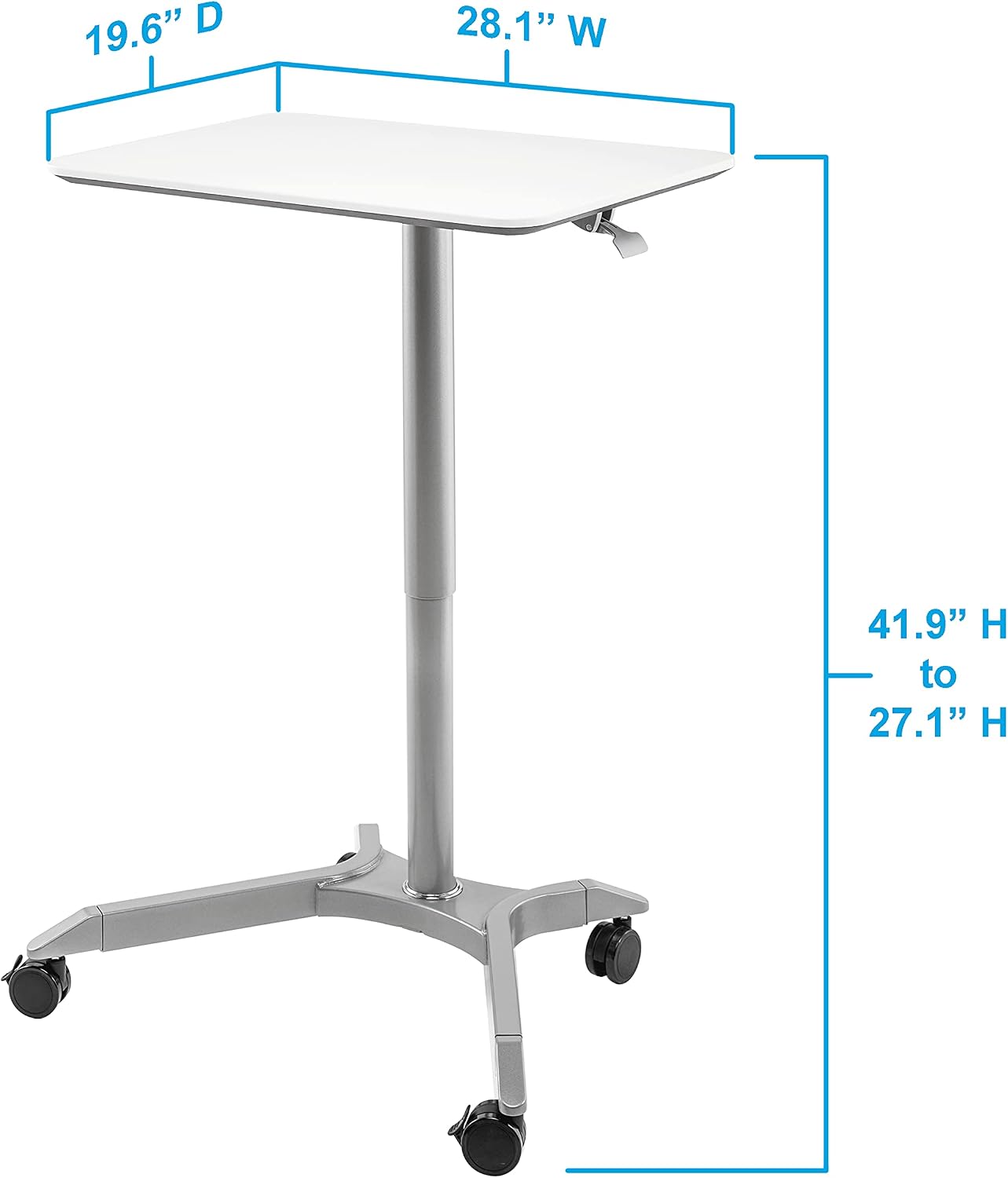 Seville Classics AIRLIFT XL 28' Pneumatic Height Adjustable Sit-Stand Mobile Laptop Computer Desk Cart (27.1' to 41.9' H), White