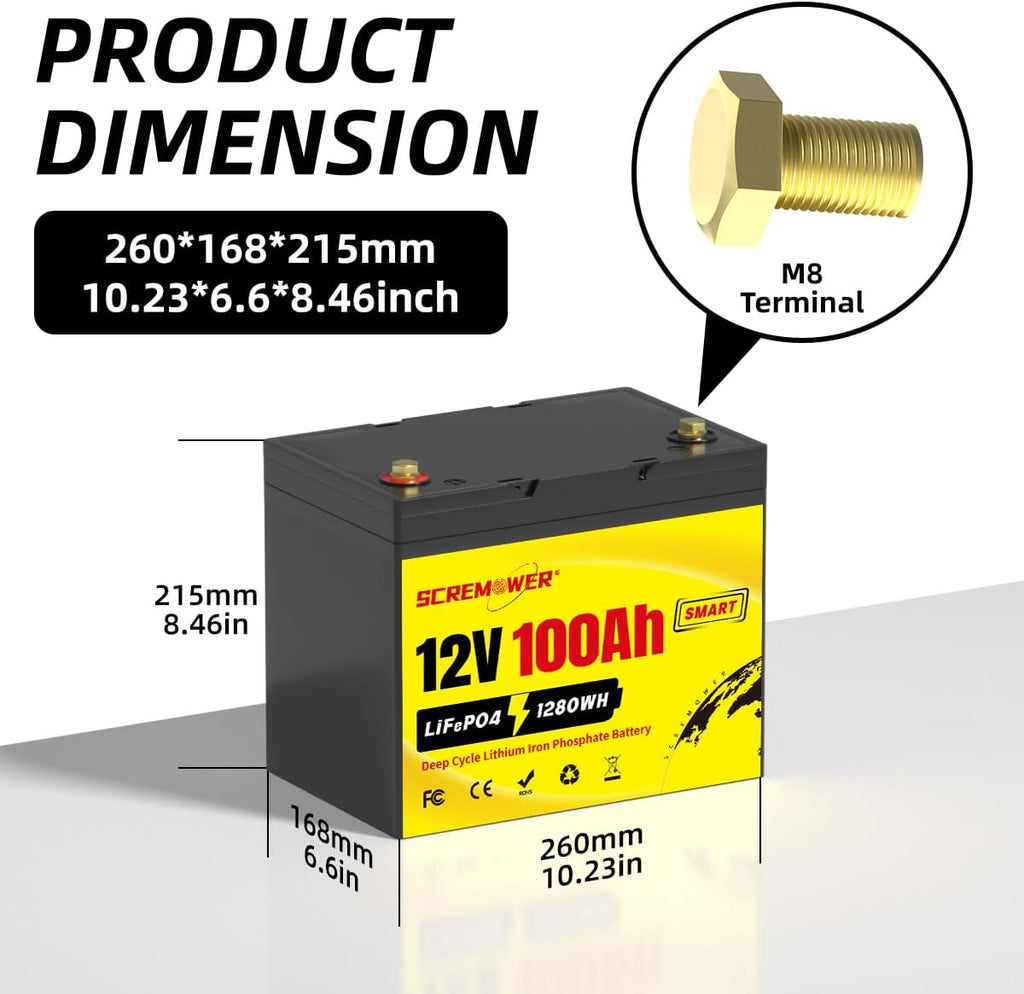 Bluetooth 12V 100Ah LiFePO4 Battery - Group 24 Deep Cycle Battery High Energy Density With Integrated 100A BMS Rechargeable Lithium Iron Phosphate Battery for RV, Trolling Motors, Solar System