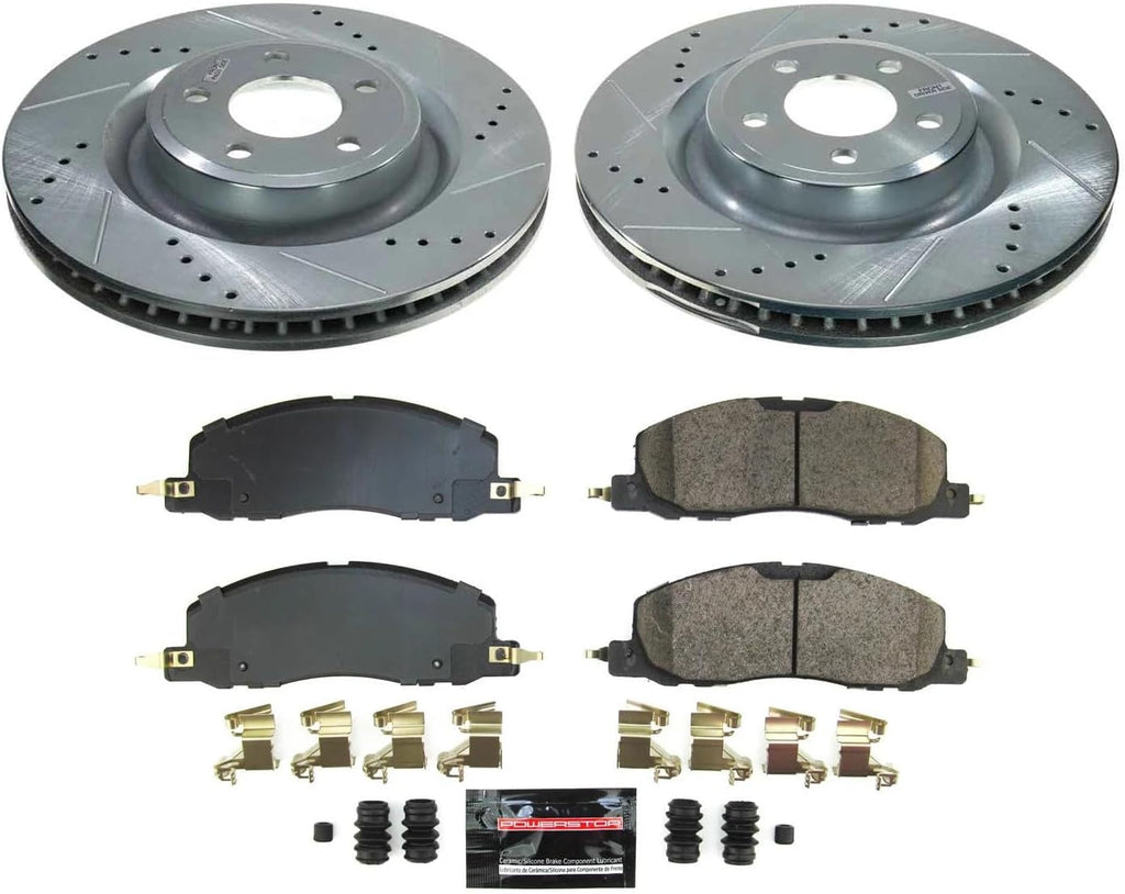 PowerStop Front Brake Kit for Ford Explorer 2020-25 | Lincoln Aviator 2020-25 - Drilled and Slotted Disc Rotors with Carbon-Fiber Ceramic Brake Pads Replacement, K8672