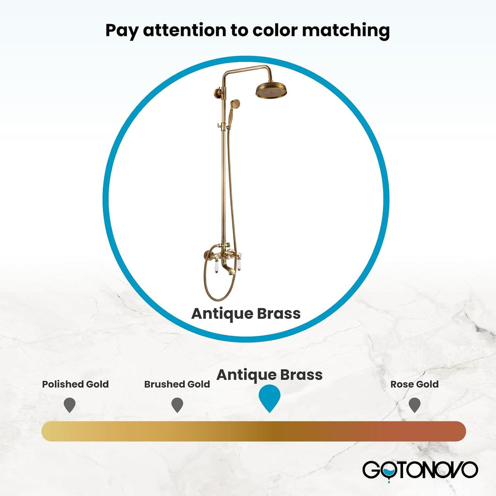 gotonovo Antique Brass Shower Faucet 8-inch Shower Head Fixture with Handheld Spray Double Lever Handle Bathtub Spout Triple Function Bathroom Wall Mount