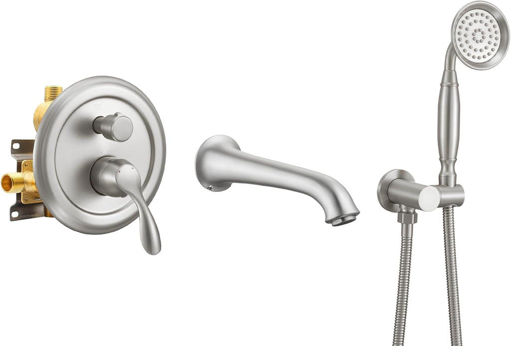 DASAN Antique Wall Mount Tub Filler Faucet with Hand Held Shower, Brushed Nickel Bathtub Faucet with Sprayer Wall Mounted Roman Bath Tub Faucet Set with High Flow Rough in Valve, AT201TF-BN