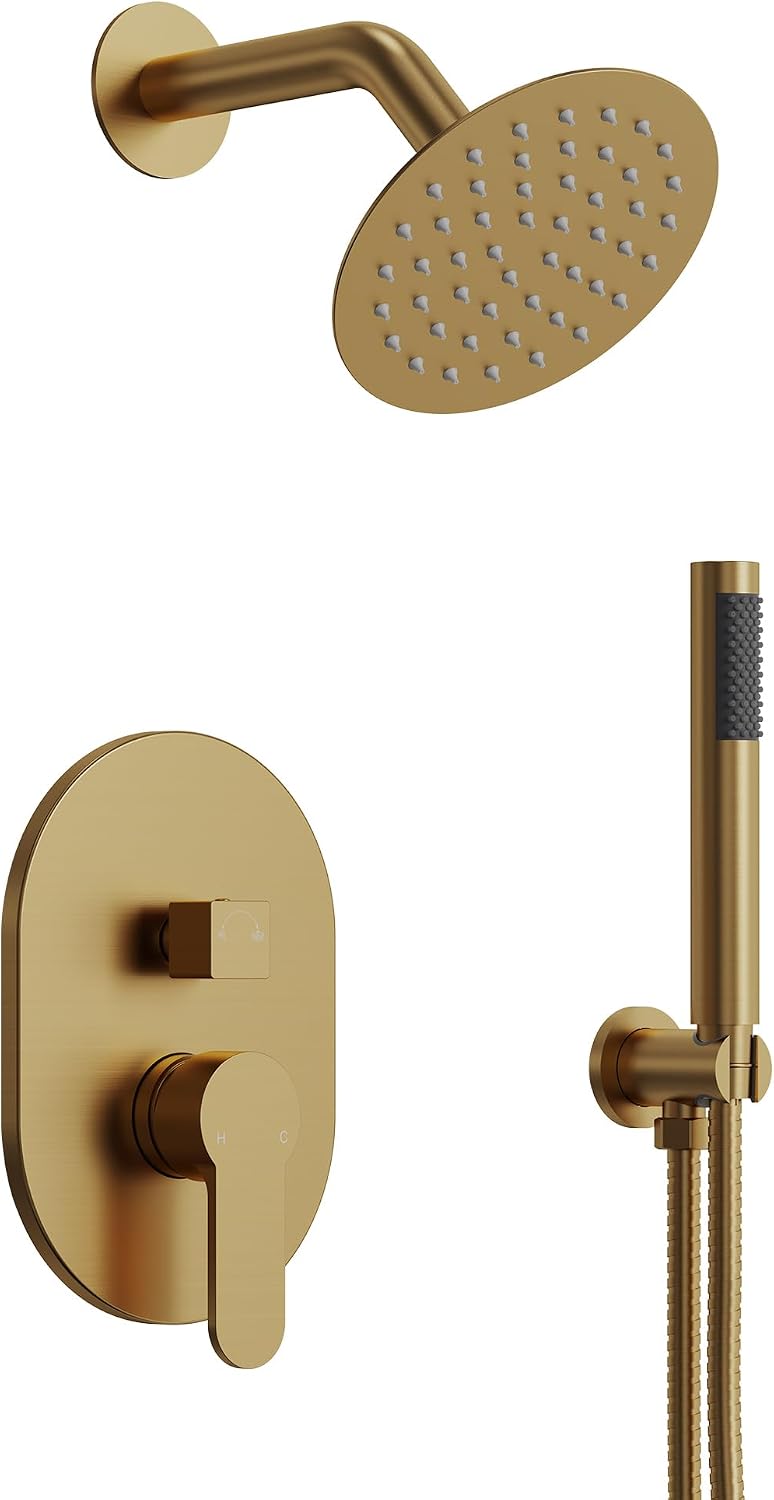 6' High-Pressure Shower System with Handheld Spray, Wall Mount Round Bathroom Shower Faucet Set with Valve (Brushed Gold)