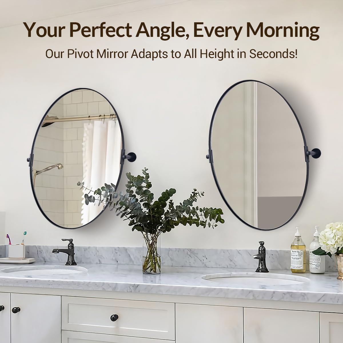 MOON MIRROR Black Pivot Mirror, Wall Mirror for Bathroom 24x36'', Oval Black Vanity Mirror, Oval Pivot Bathroom Mirror, Tilting Bathroom Pivoting Mirror for Wall Mounted (Overall 27.75' x 36')