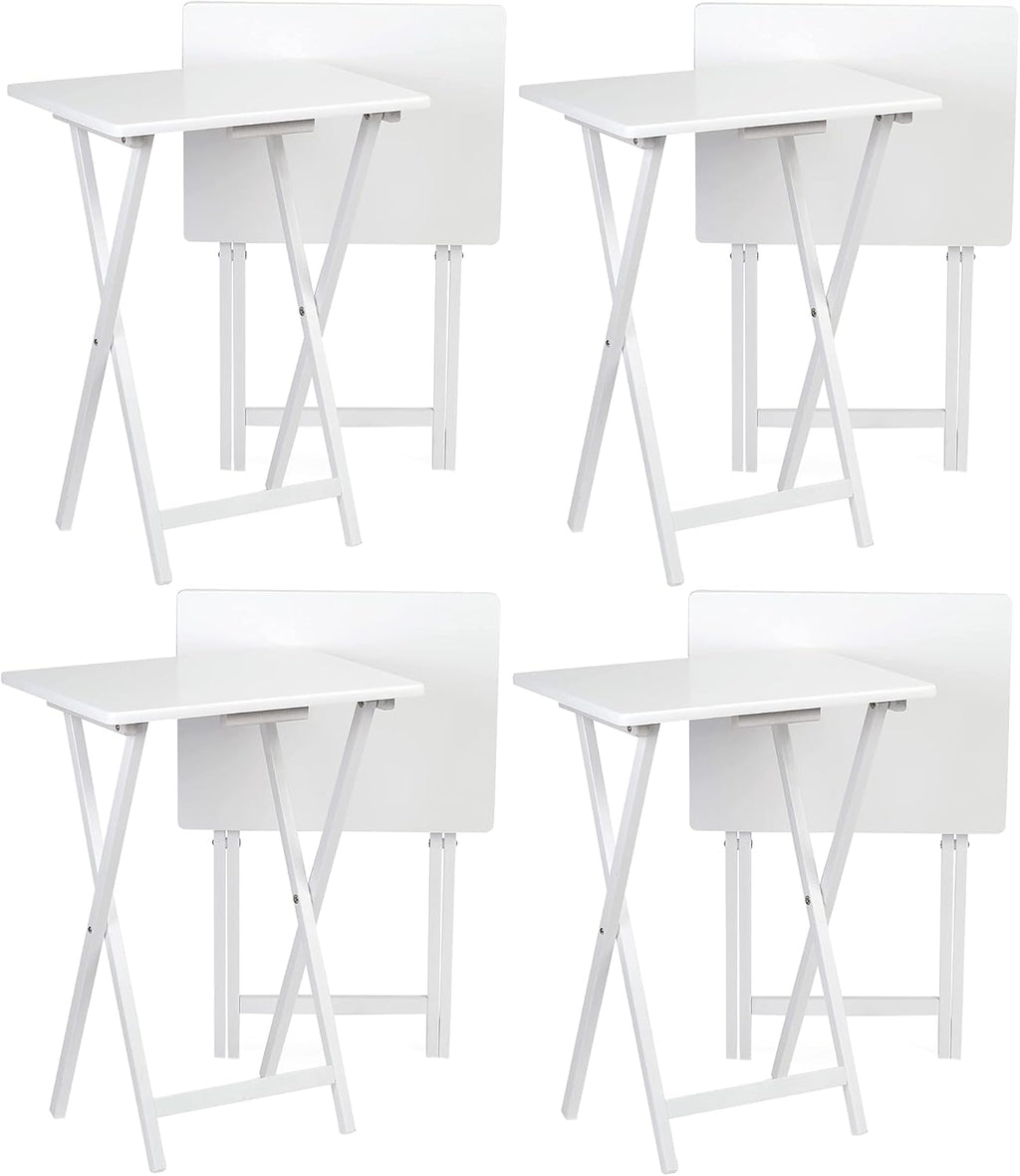 PJ Wood Conventional Solid and Sturdy Wood Construction Portable Folding TV Snack Tray Table Desk Serving Stand, White (8-Piece Set)