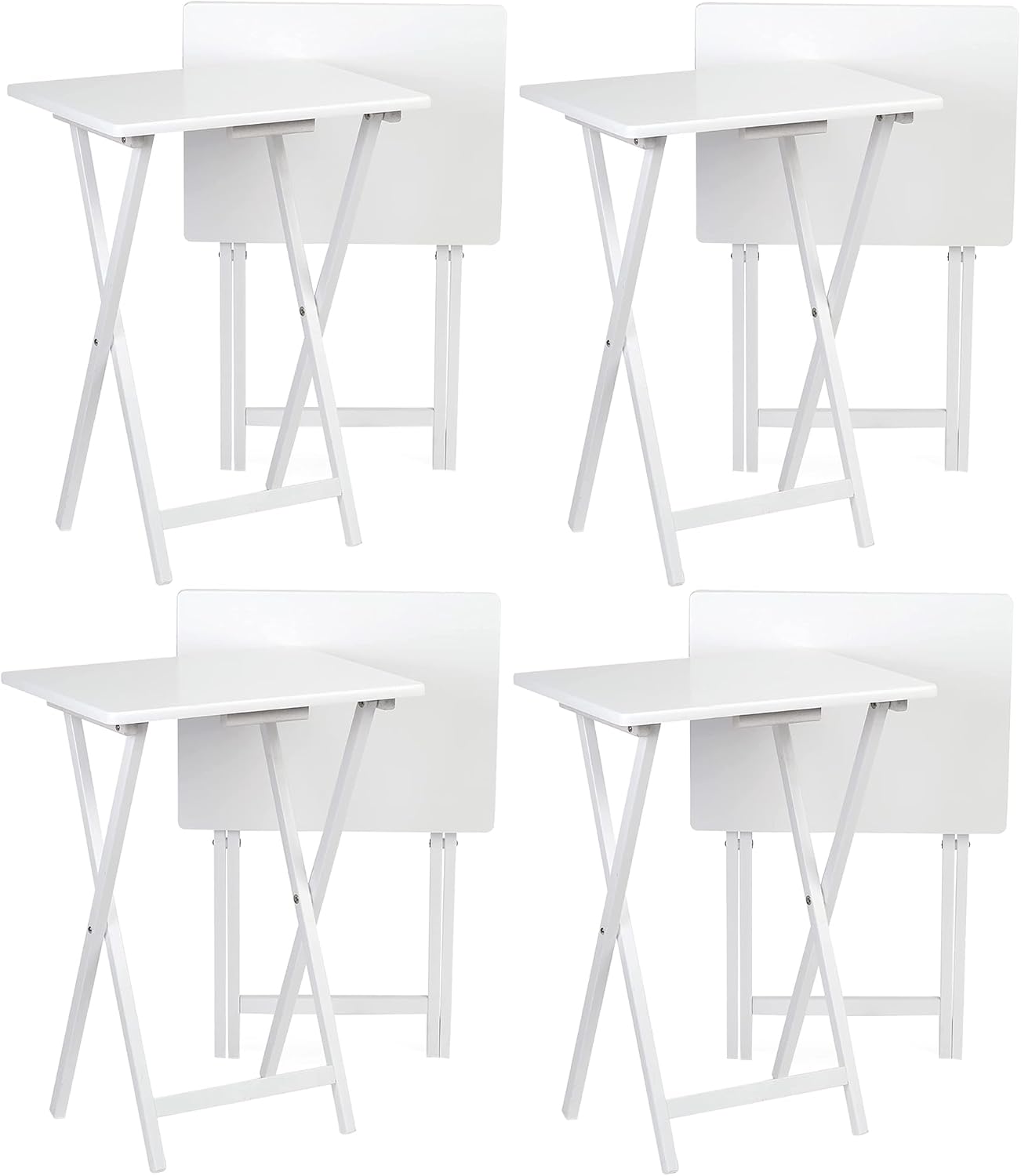 PJ Wood Conventional Solid and Sturdy Wood Construction Portable Folding TV Snack Tray Table Desk Serving Stand, White (8-Piece Set)