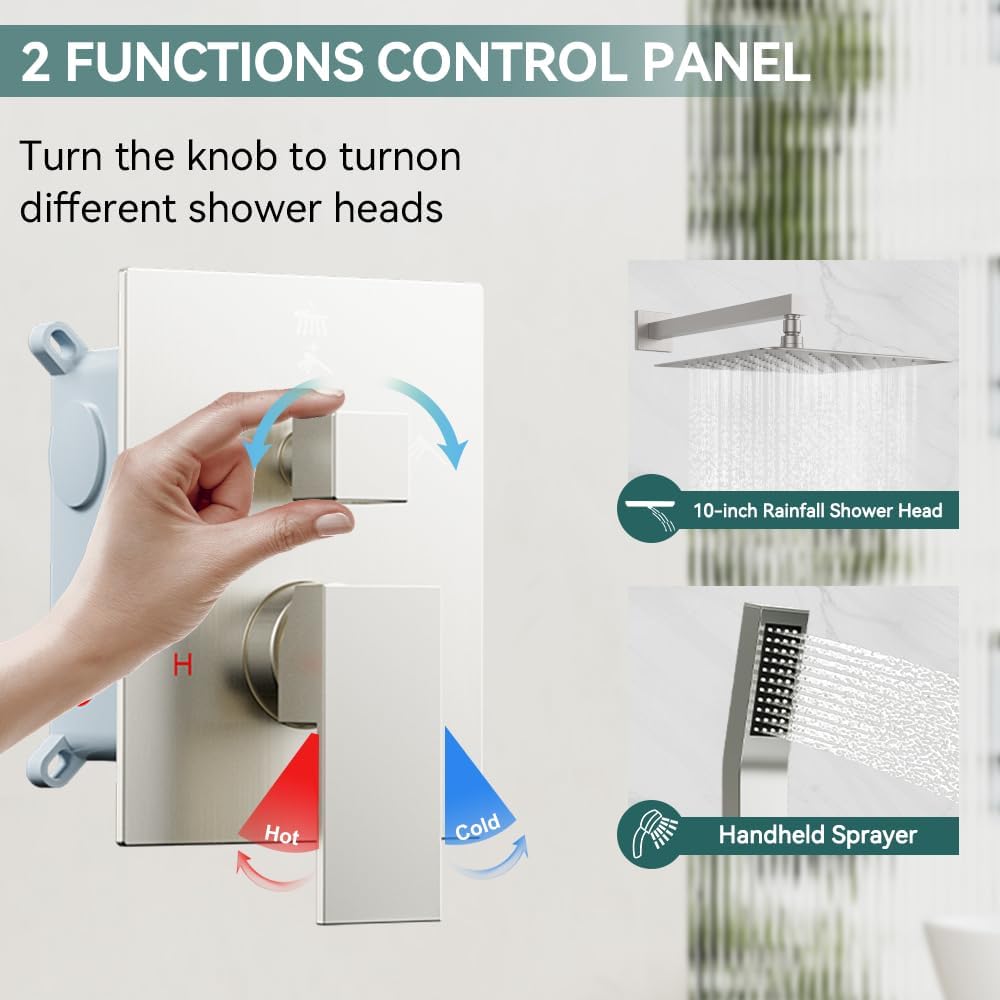 Shower System Shower Faucet Set, STARBATH 10' Wall Mount Rain Shower Head and Handheld Spray for Two Person, Rainfall Shower System with Diverter Valve and Trim Kit Complete,Brushed Nickel
