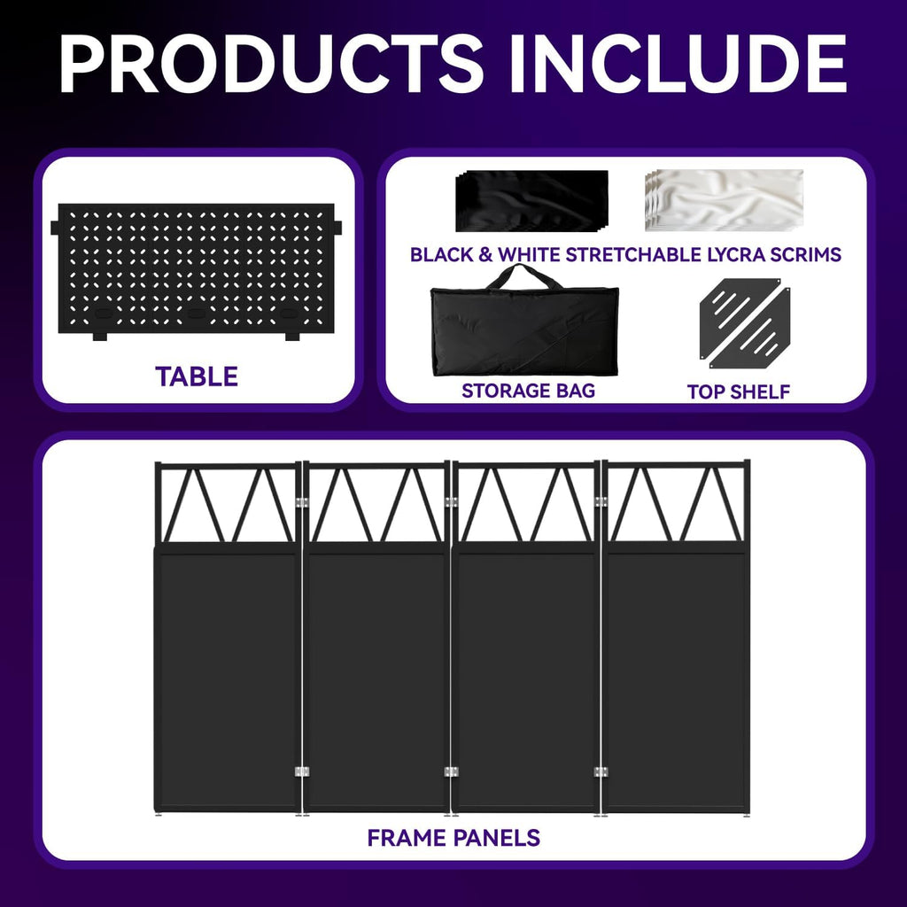 Portable DJ Booth Table,Foldable DJ Table Stand with White & Black Scrim,Adjustable D J Facade Station Triangle Plate Metal Frame with Cable Hole for Private Events, Clubs, Bars